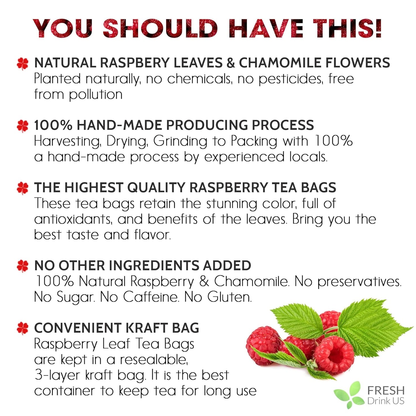 FreshDrinkUS, Premium Raspberry Leaf Tea with Chamomile – 135 Tea Bags | Naturally Caffeine-Free Herbal Blend | Soothing Floral Flavor | Premium Loose Herbal Tea in Natural Material Tea Bags