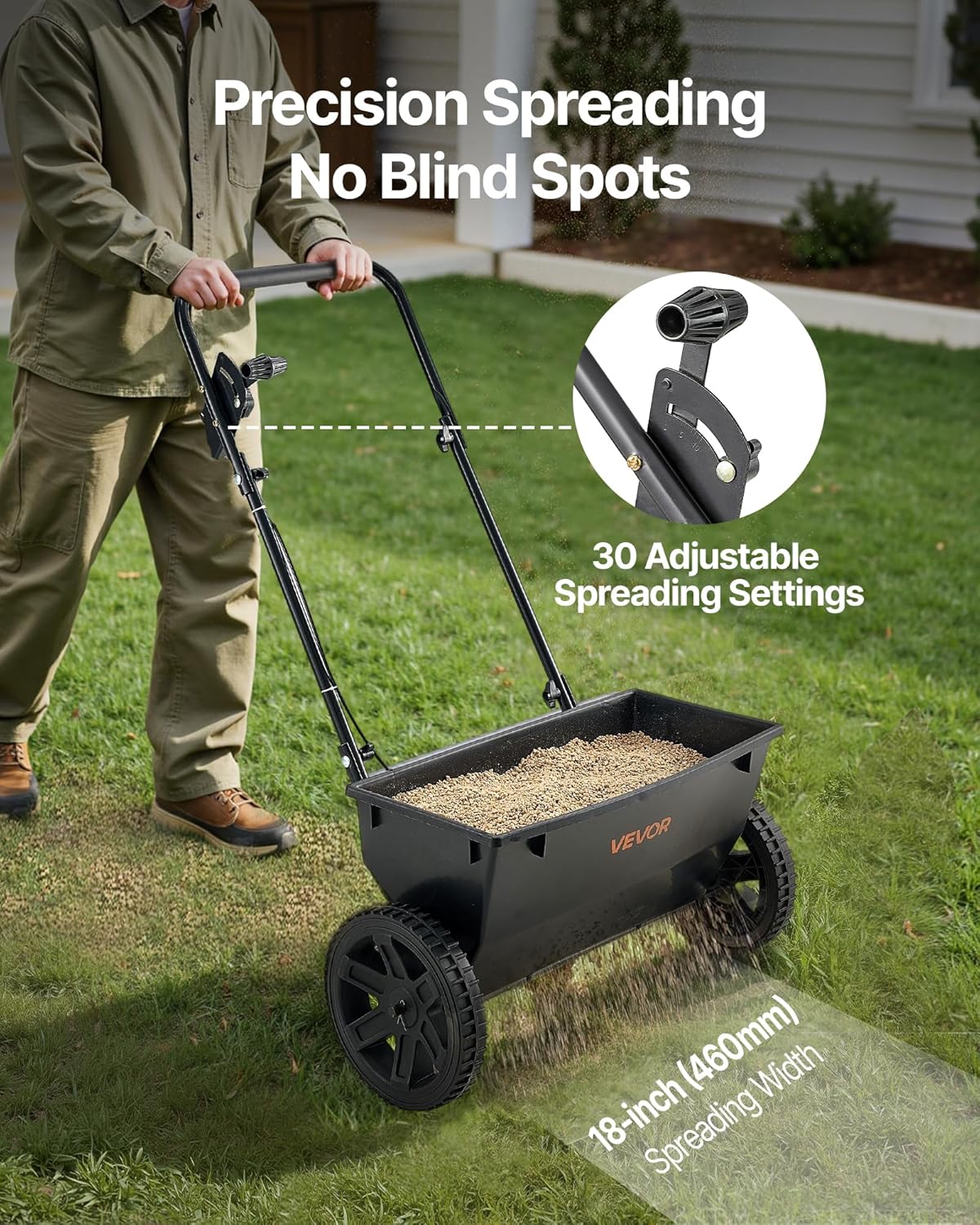 VEVOR Lawn Drop Spreader, 50LBS Capacity, Walk-Behind Push Spreader, 18 in Spreading Width, 8 in All Terrain Pneumatic Tires, Lawn Spreaders with Hopper Grate, for Seed, Fertilizer