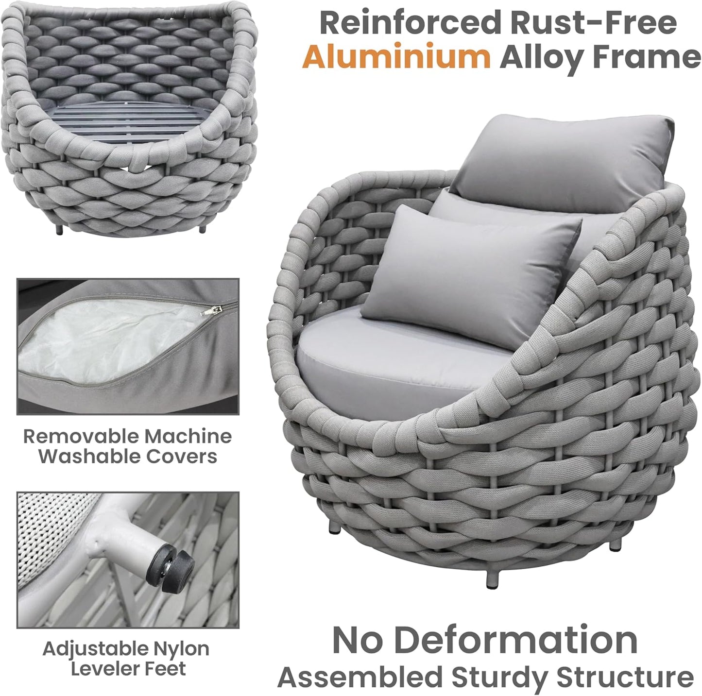 4 Pieces Courtyard Seating Set: Aluminum Woven Rope Patio Furniture Chair Set - All Weather Metal Outdoor Conversation Set - Assembled Armchair with Table Set for Bistro Deck Porch Balcony, Grey