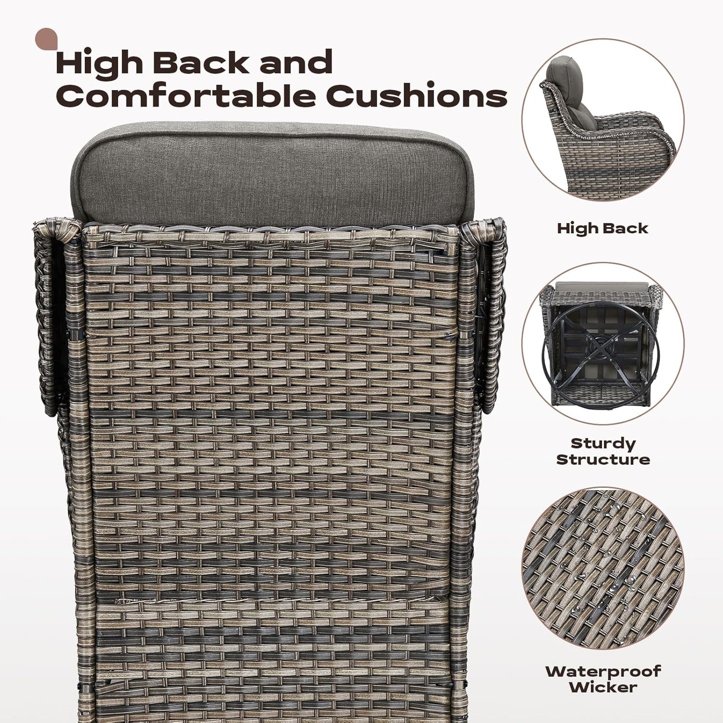 Wicker Outdoor Patio Furniture Set - 4 Piece Patio Conversation Set with Swivel Rocker Chairs and Ottomans, 6 inch Cushions, High Back, Deep Seating, for Porch Deck Garden Mixed Grey/Grey