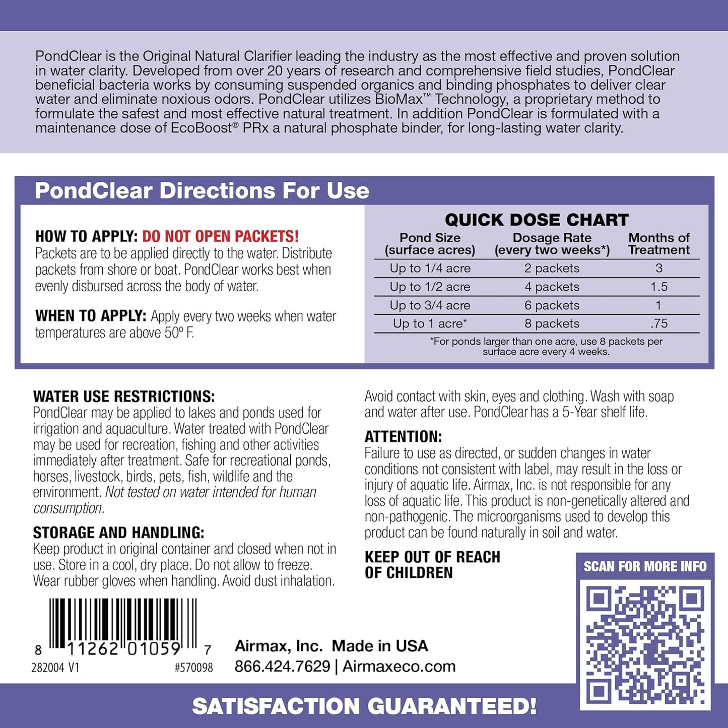 Airmax PondClear Packets, Beneficial Bacteria & Enzyme Clarifier Treatment with Ecoboost PRx, Clear & Clean Pond & Lake Water, Safe for Fish, 12-Count