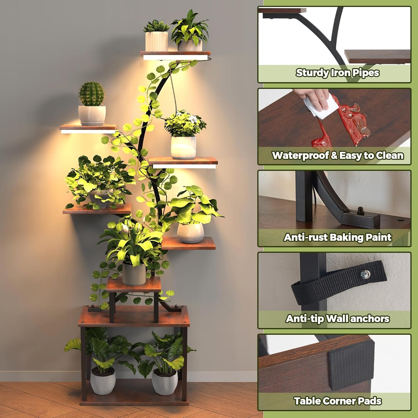 Plant Stand with Grow Lights, 8 Tiered Plant Stand Indoor, 62" Tall Metal Plant Flower Holder for Plants Multiple, Plant Display Rack Holder, Indoor Plant Shelf for Living Room, Garden, Patio