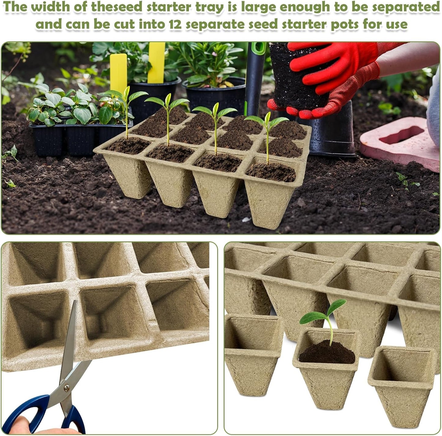 PINVNBY 288 Cells Seed Starter Tray 24 Packs Biodegradable Peat Pots for Seedlings Disposable Seedling Starter Trays with 24 Labels and 2 Transplant Tools for Indoor Outdoor Garden