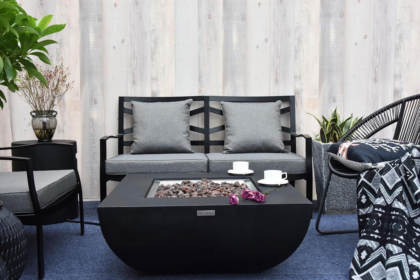 AMS Fireplace | Modeno | Aurora | Firepit Table | Cover and Lava Rocks Included | (Fuel: Liquid Propane - Black)
