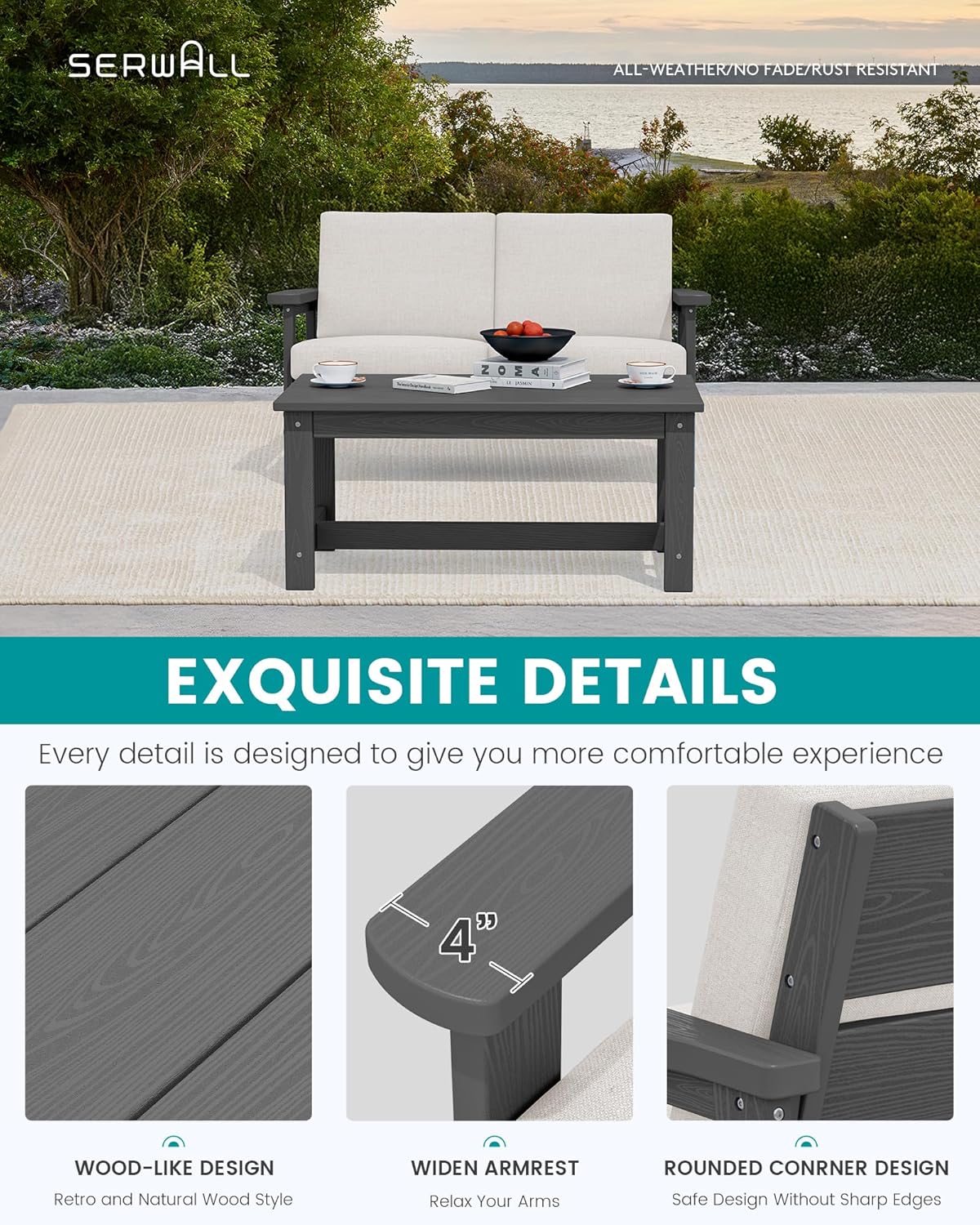 SERWALL HDPE Outdoor Patio Loveseat, Grey Frame and Khaki Cushion
