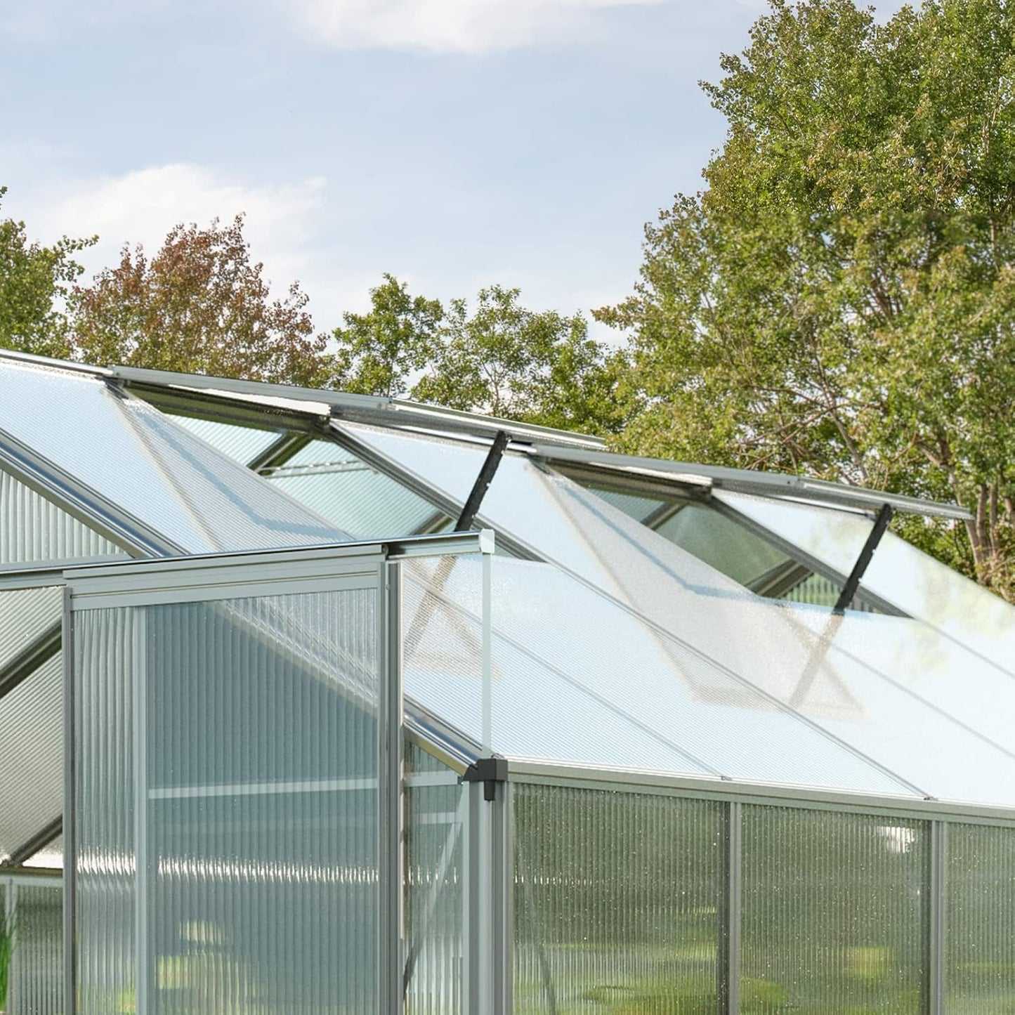 Greenhouse Topas 7 Aluminum Frame 7.4 x 14.7 ft with Approx. 8 mm Polycarbonate Panels - with Bonus Base Frame and Automatic Vent Opener