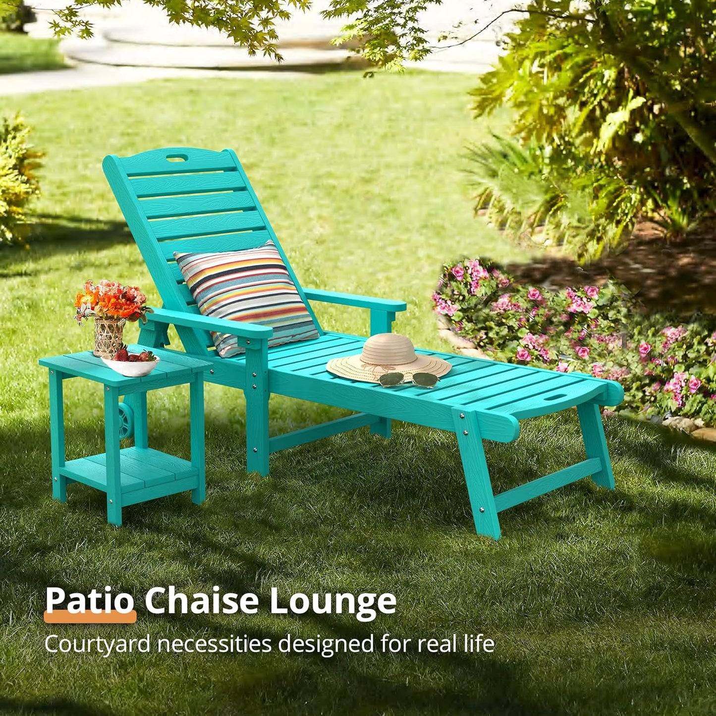 LUE BONA Outdoor Chaise Lounge, 79'' Oversized HDPS Chaise Lounger, 5 Positions Adjustable Lounge Chairs, Pool Lounge Chair with Wheels for Poolside, Backyard, 3 Year Warranty, Aruba Blue