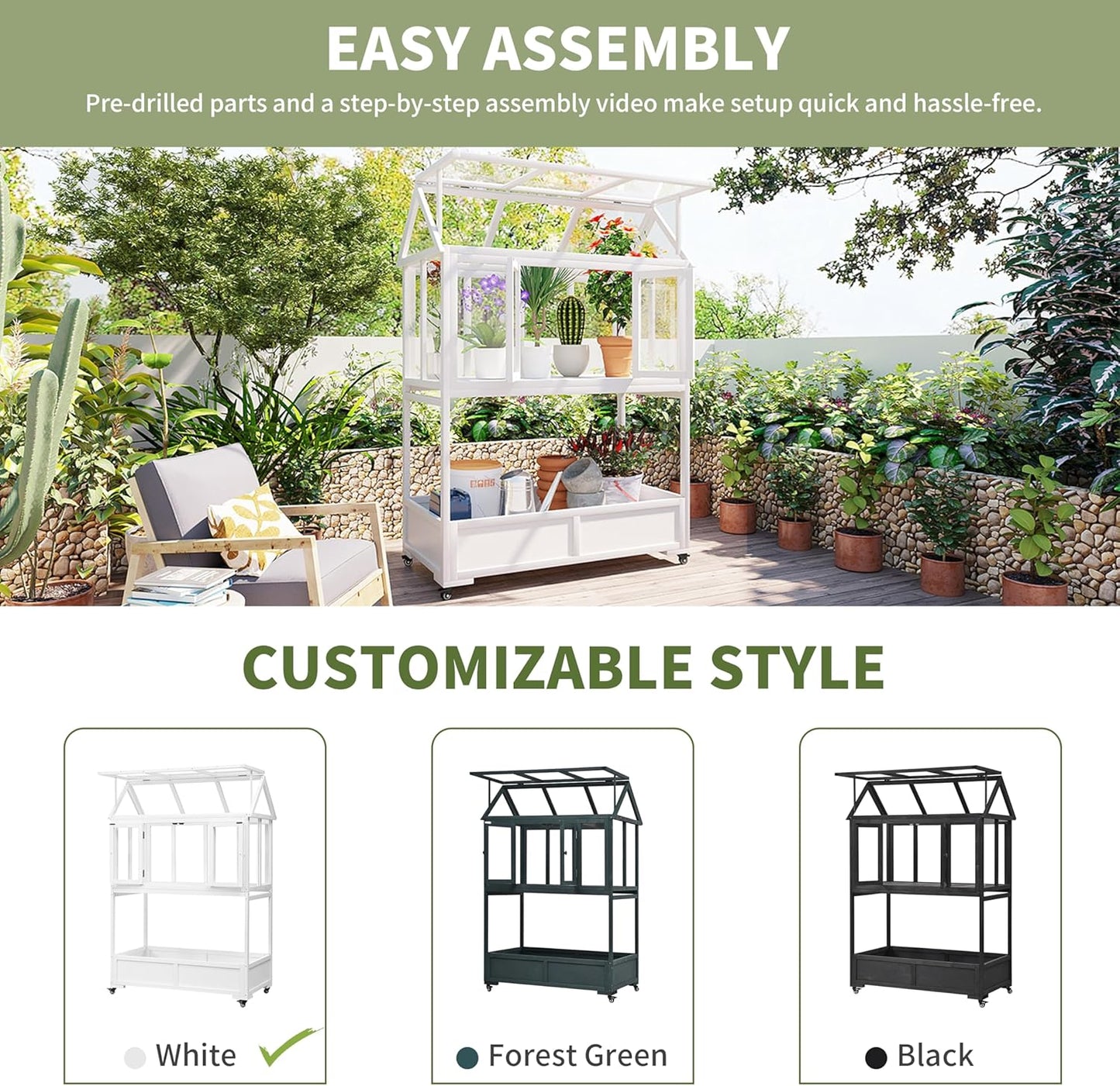 Portable Cold Frame Greenhouse with Wheels , Wooden Mini Greenhouse Cabinet for Gardens & Balconies , Openable Roof Design & Built-in Storage Box ,Easy-to-Move & Durable (White)