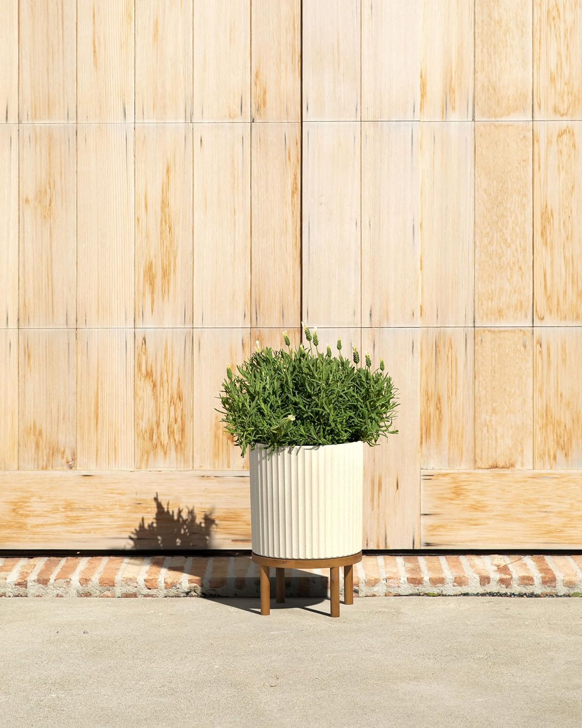 Veradek Demi Series Round Planter w/Stand for Porch/Patio | Durable Plastic-Stone Composite & Wooden Stand | Modern Décor for Tall Plants, Flowers