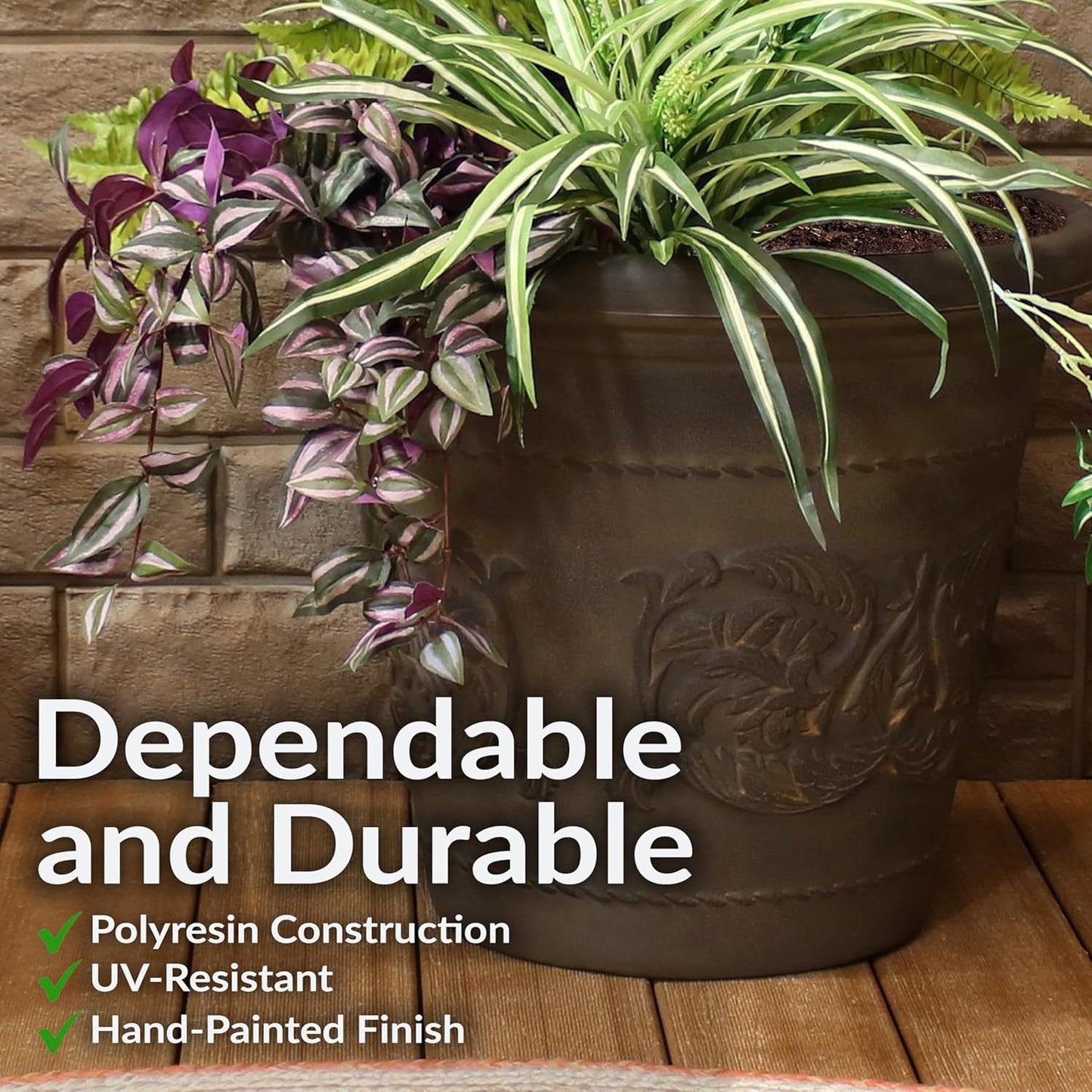 Sunnydaze 19.5-Inch Arabella Large Plant Pot - Polyresin Round Outdoor Planter with Drillable Drainage Holes - 4 Pack - Sable