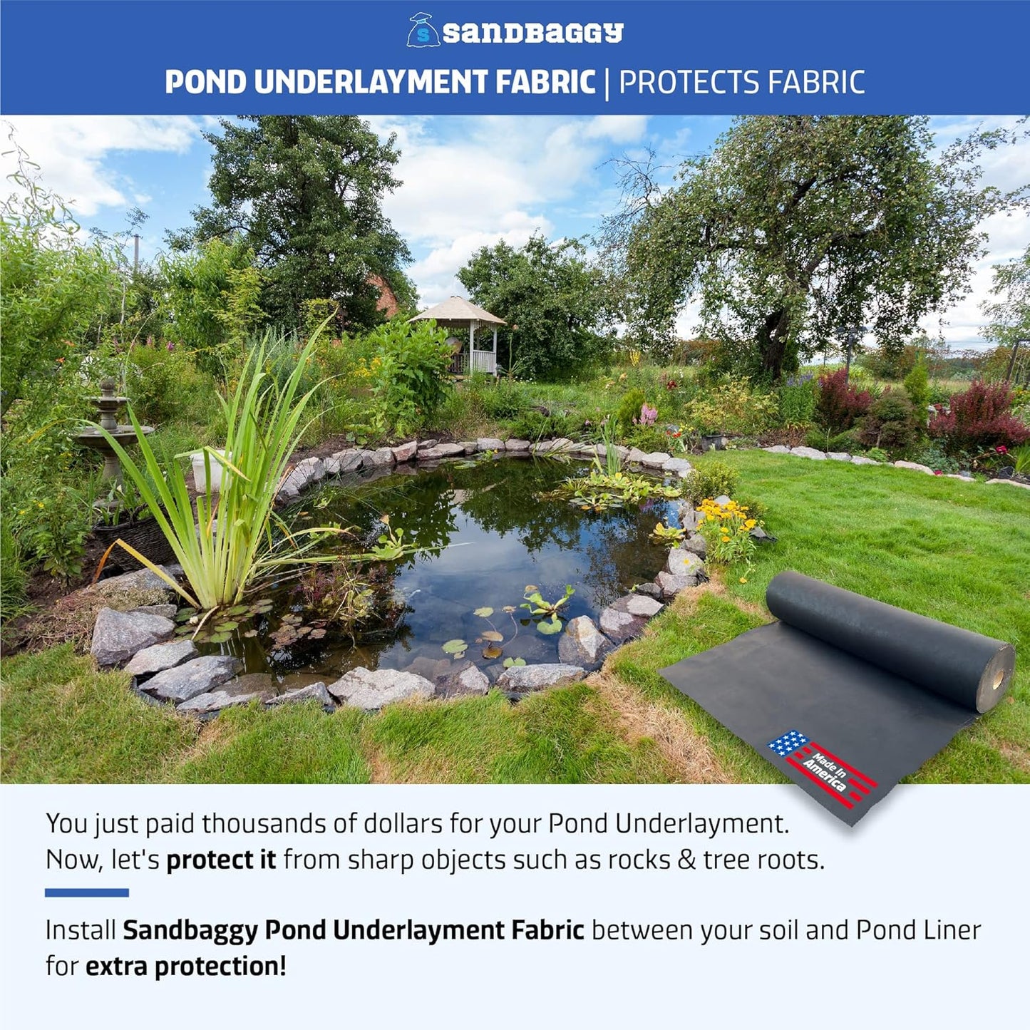 Sandbaggy Geotextile Pond Underlayment Fabric | Made in USA | 8 oz, 6 ft x 50 ft, Black, Non Woven Polypropylene, Protects Pond Liner, 205 lbs Tensile Strength, 50+ Year Life