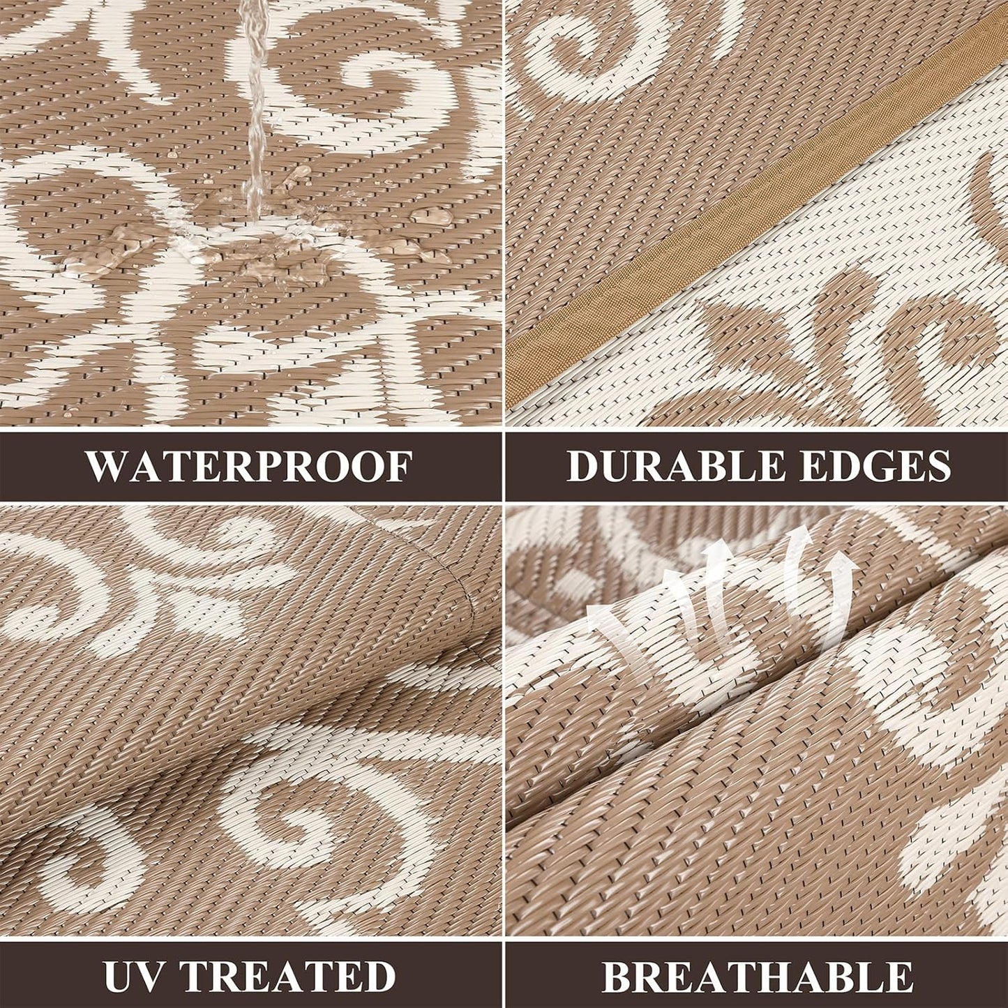 Pauwer Waterproof Outdoor Rug 9x12, Reversible Plastic Straw Patio Camping Rug, Indoor Outdoor RV Mat Carpet for Deck, Camper, Porch, Balcony, Backyard, Picnic, Floral Brown