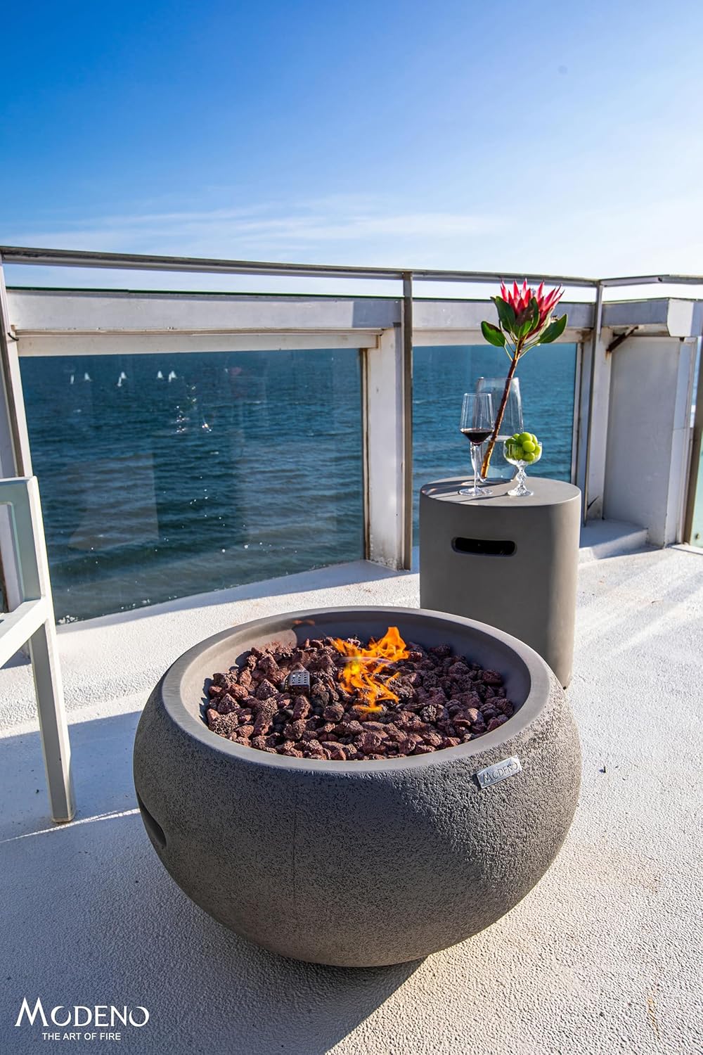 AMS Fireplace | Modeno Newbridge Package | Light Gray Liquid Propane Gas Fire Pit Table for Outside Patio Bundle with Tank Cover, & SS Burner Lid | Free Ice Bucket & Rubber Mat
