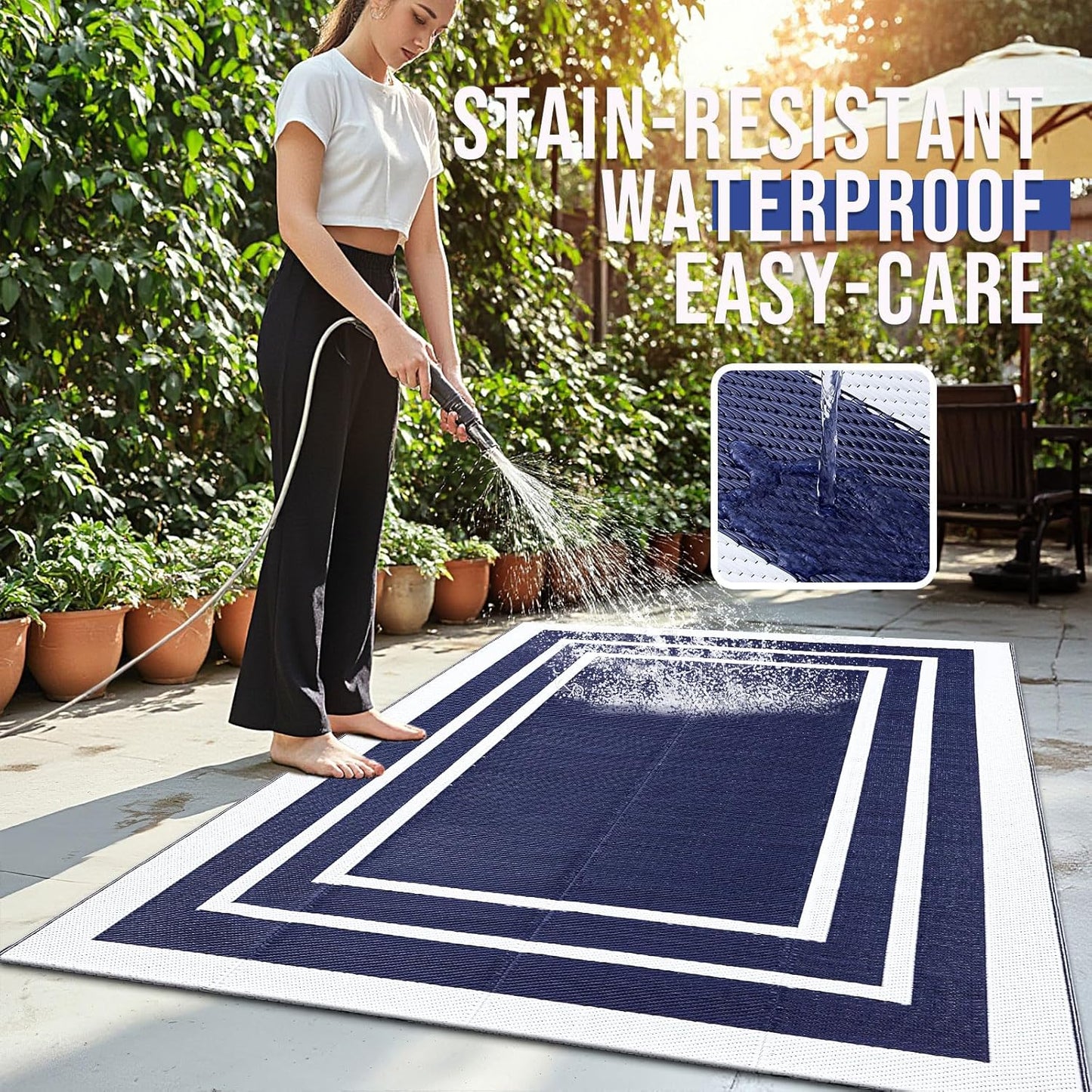 OLANLY Outdoor Rug 5x8 ft Waterproof, Reversible Outdoor Plastic Straw Rug, RV Mat, Indoor Outdoor Carpet Clearance for Patio, Camping, Balcony, Deck, Backyard, Navy & White
