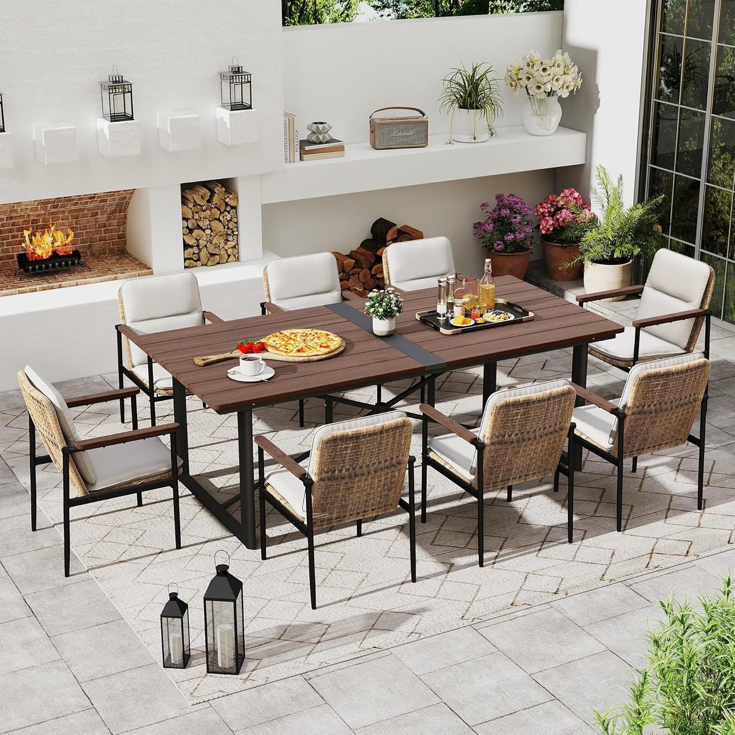 HAPPATIO Outdoor Acacia Wood Dining Table, 8-Person Patio Dining Table with Powder-Coated Aluminum Frame, Rectangle Outdoor Dining Table with Umbrella Hole for Deck Yard Garden