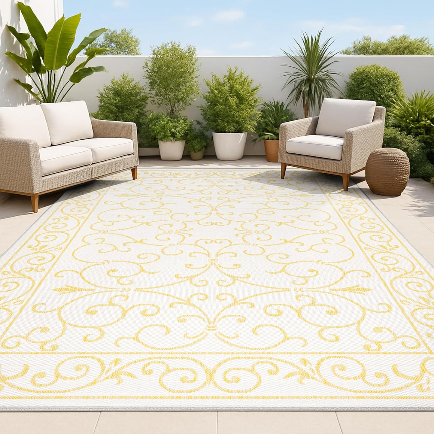 JONATHAN Y SMB106M-4 Charleston Vintage Filigree Textured Weave Indoor Outdoor Area Rug, Classic Traditional Easy-Cleaning,Bedroom,Kitchen,Backyard,Patio,Non Shedding, 4 X 6, Cream/Yellow
