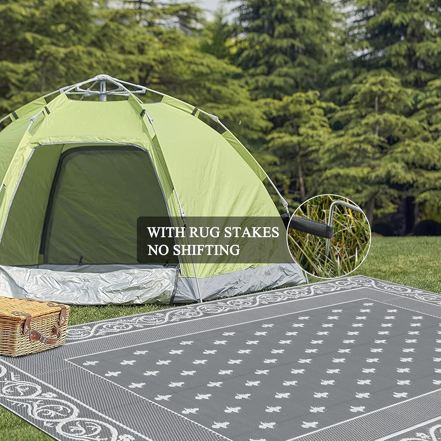 Pauwer Waterproof Outdoor Rug 8x10, Reversible Plastic Straw Patio Camping Rug, Indoor Outdoor RV Mat Carpet for Deck, Camper, Porch, Balcony, Backyard, Picnic, Bordered Grey