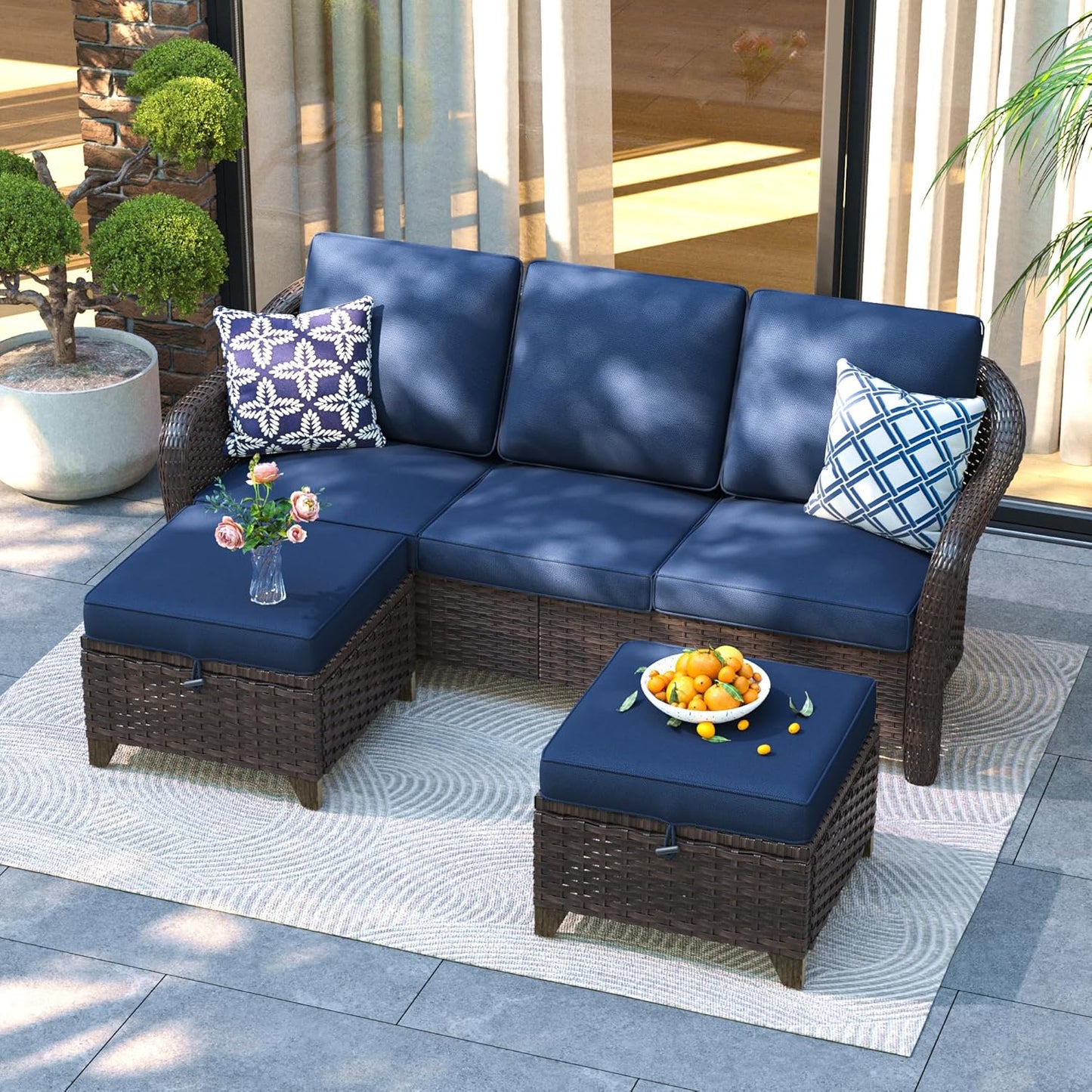 3 Pieces Patio sectional Sofa Set, Outdoor Conversation Furniture Set, 78" 3-Seat Couch with 2 Ottomans, 47" Metal Coffee Table, Rattan Wicker Sofa with Washable Cushions (Navy Blue)