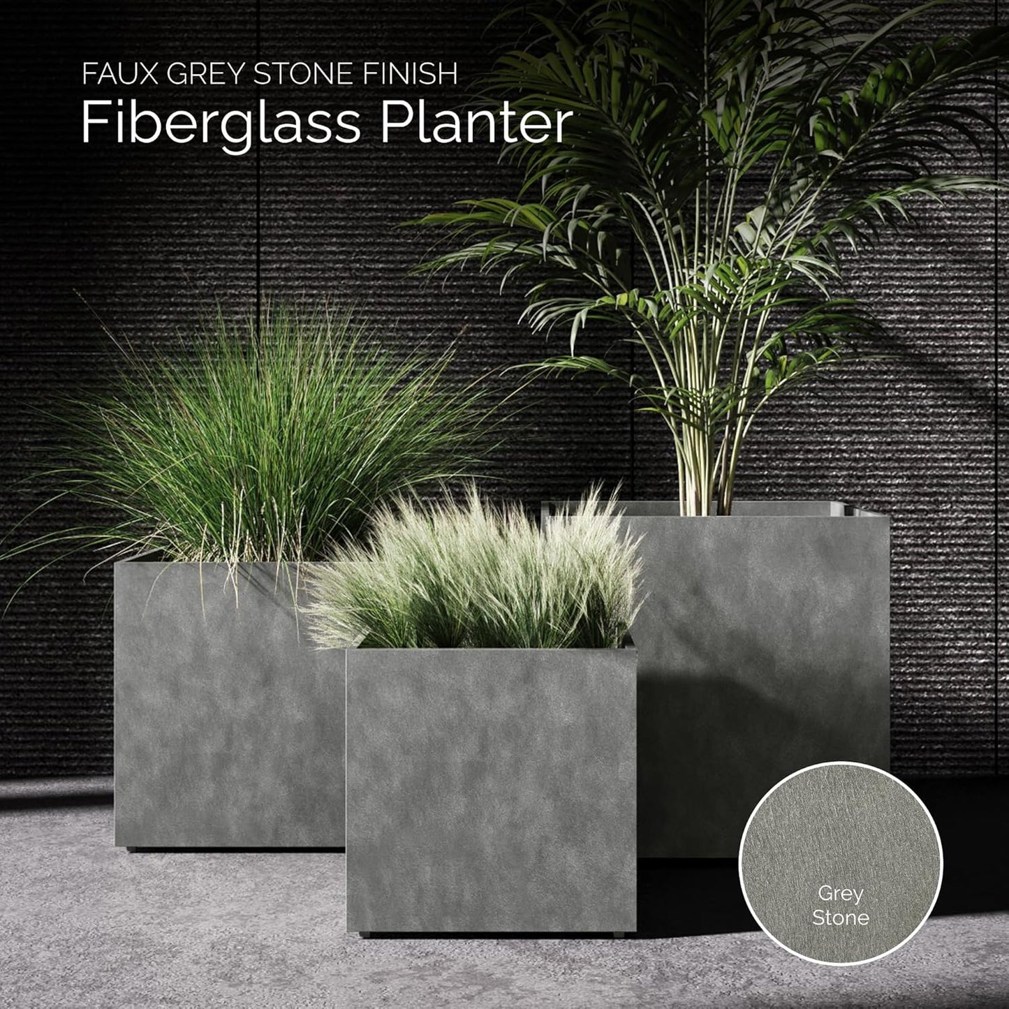 Reglito Cube Planter – Fiberglass Indoor/Outdoor and Weather-Resistant Large Planter (Grey Stone, 39.4" L x 39.4" W x 40" H)