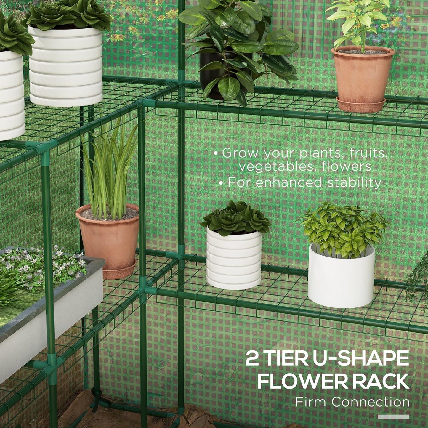 Outsunny 4.6' x 4.7' Portable Greenhouse, Water/UV Resistant Walk-in Small Outdoor Green House with 2 Tier U-Shaped Flower Rack Shelves, Roll Up Door & Windows, Green