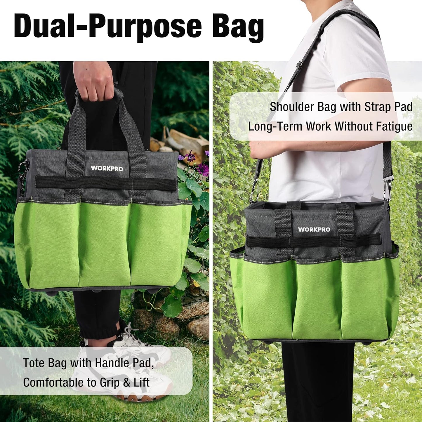 WORKPRO Garden Tool Bag Organizer, Heavy Duty Gardening Tote Bag with 10 Pockets and Long Adjustable Shoulder Strap, Standable Garden Home Tool Kits Organizer, Green (Tools are not included)