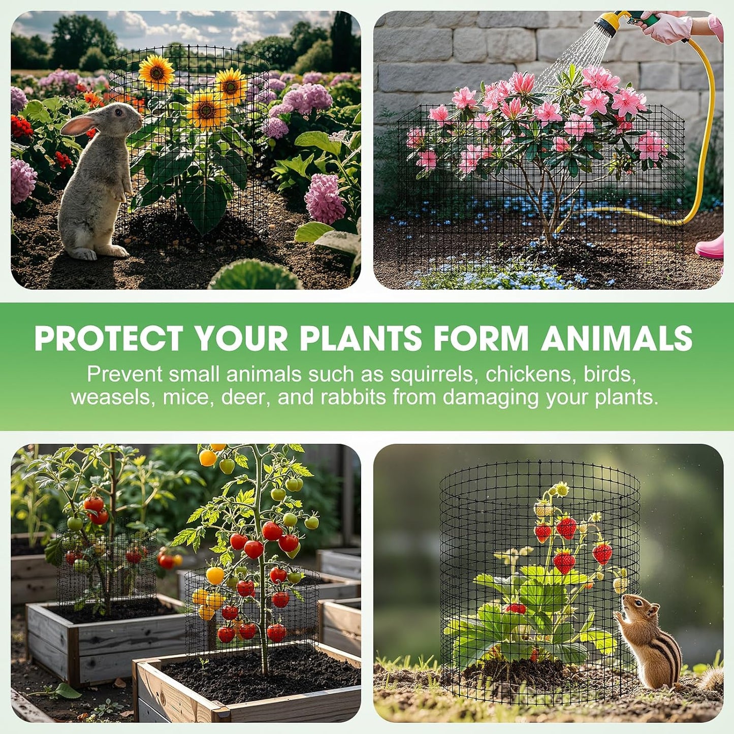 18 PCS Plant Protector from Animals, 6 Pack 12x12 Inch Metal Plant Cages with Ground Stakes and Nylon Tie, Garden Cage to Keep Animals Out, Garden Wire Mesh Protection from Rabbit Chicken