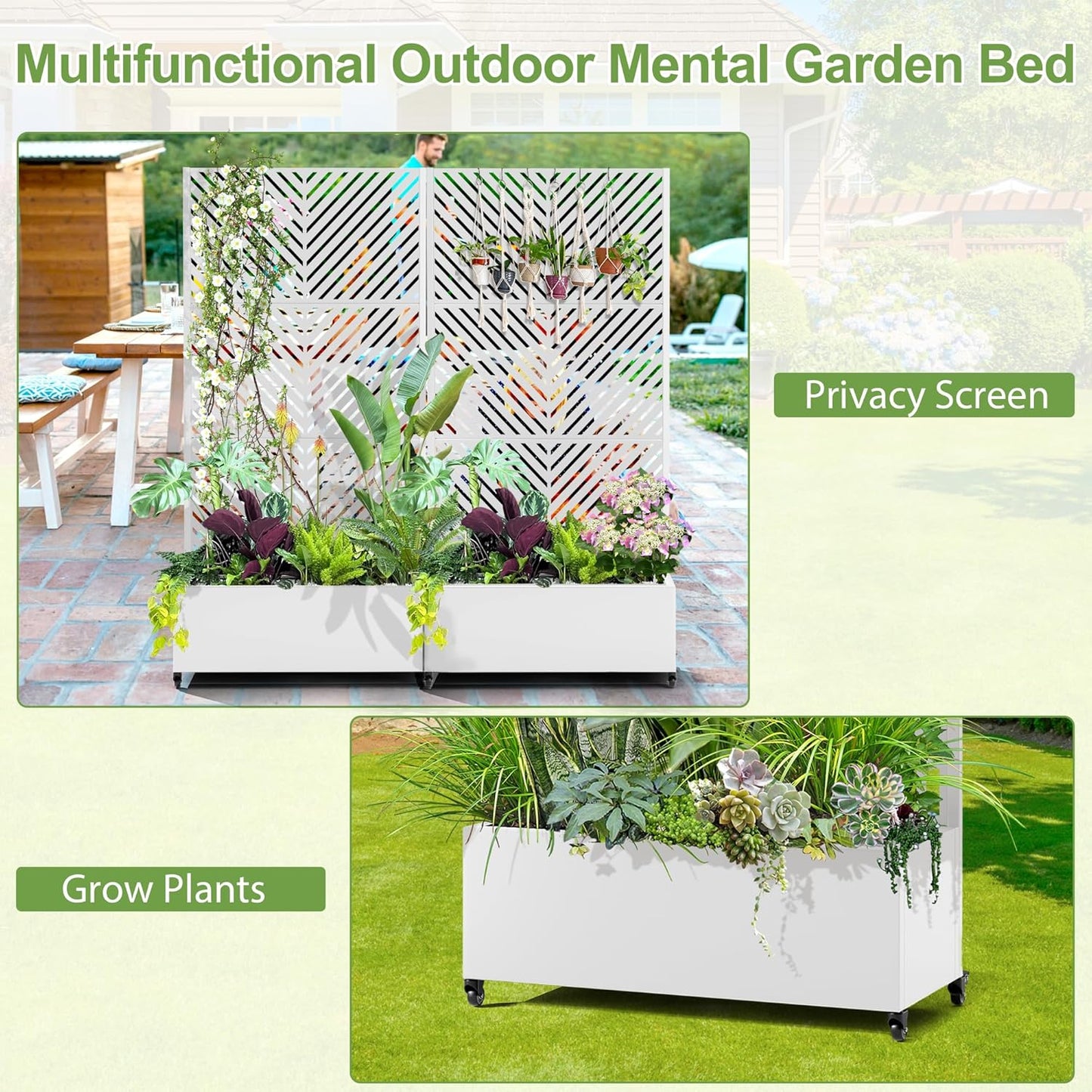 Raised Garden Bed with Trellis and Wheels,73"x35"x16" Metal Raised Garden Bed,White Parallel Metal Planter with Climbing Trellis for Vines & Vegetables