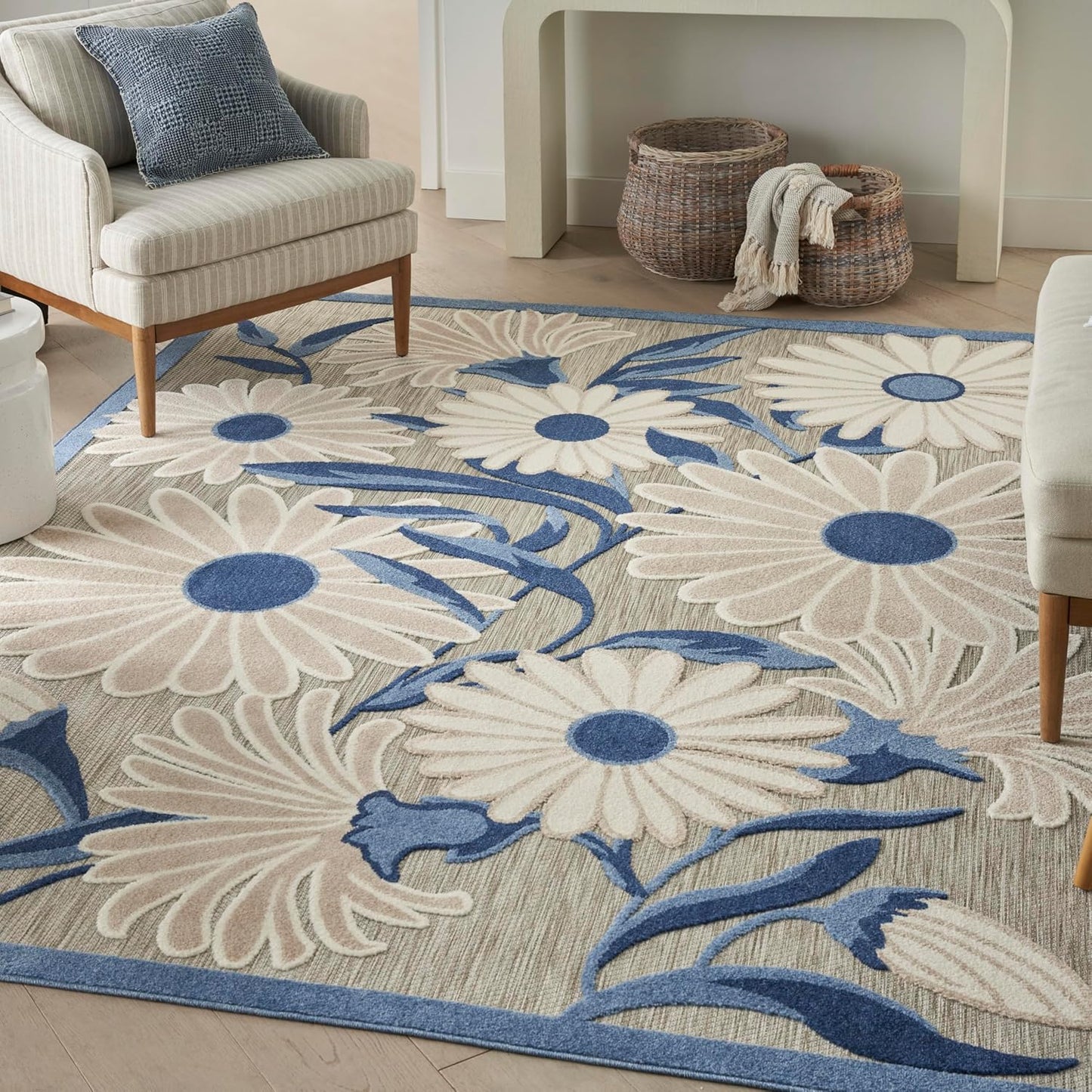 Nourison Home Aloha Indoor/Outdoor Blue/Grey 6' x 9' Area Rug, Easy Cleaning, Non Shedding, Bed Room, Living Room, Dining Room, Kitchen (6x9)