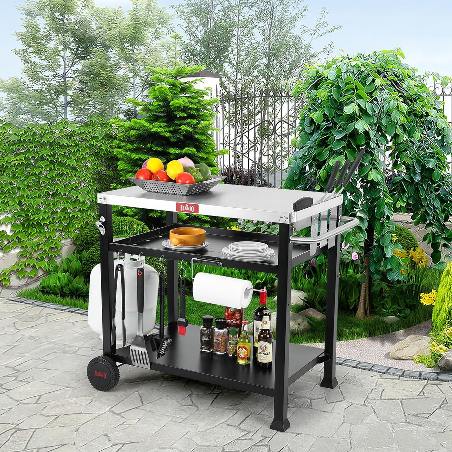 Three-Shelf Movable Food Prep and Work Cart Table, Home and Outdoor Multifunctional Stainless Steel Table Top Worktable on Two Wheels, L39.5''x W25.6''x H33'', Cover Included