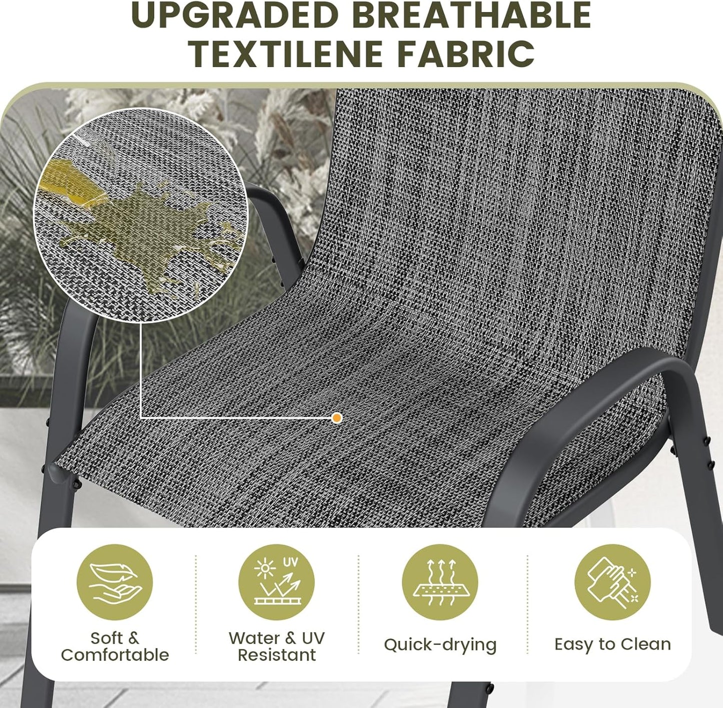 UDPATIO Patio Dining Set of 3, Outdoor Table and Chairs Set with Glass Table, 2 Stackable Patio Chairs with High Back, Outdoor Furniture Sets for Deck Garden Backyard Lawn Poolside (Dark Grey)