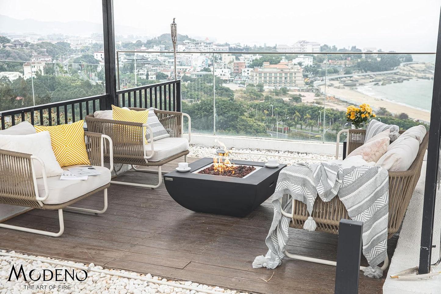 AMS Fireplace | Modeno | Aurora | Firepit Table | Cover and Lava Rocks Included | (Fuel: Natural Gas - Black)