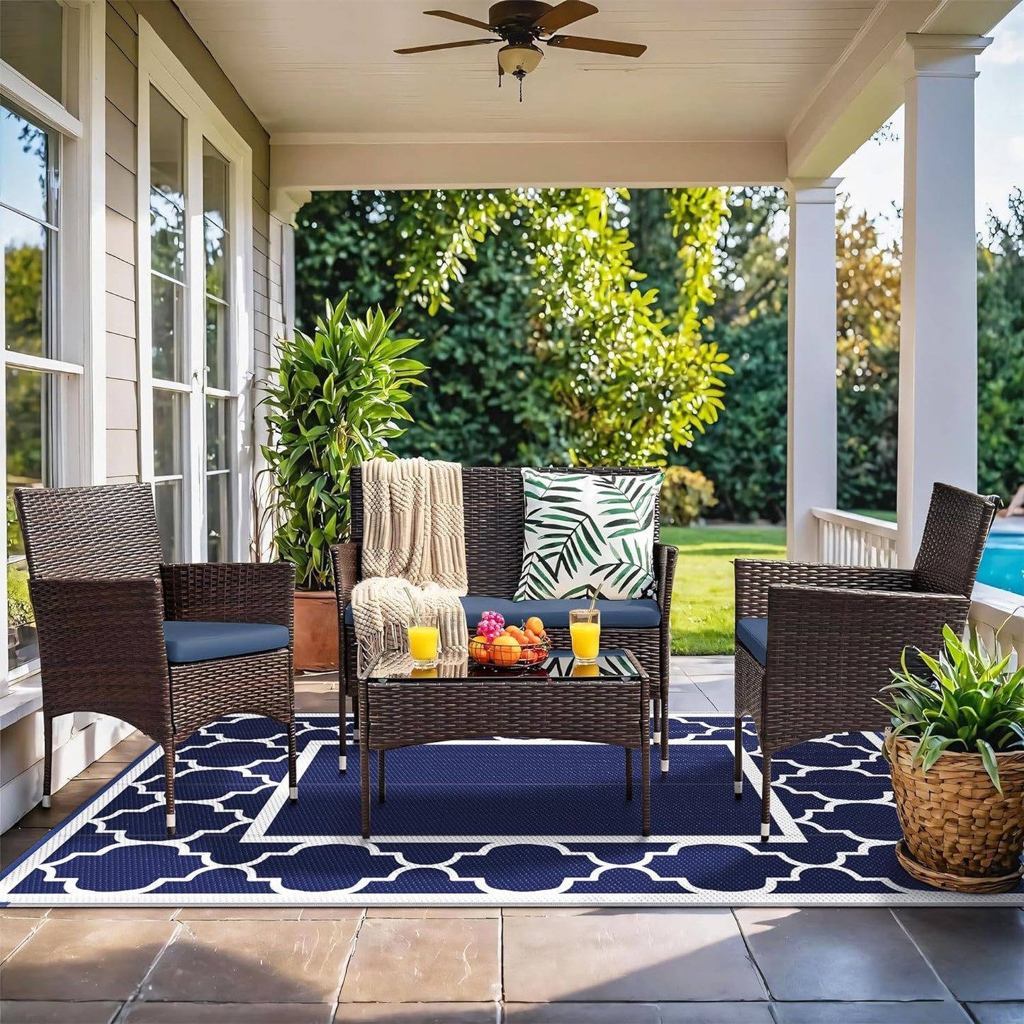 GENIMO 9' x 12' Outdoor Rug Waterproof for Patio Decor, Foldable Reversible Plastic Straw Area Rugs Mat for Camper, Outside Carpet for Rv, Deck, Porch, Picnic, Beach, Balcony, Blue & White