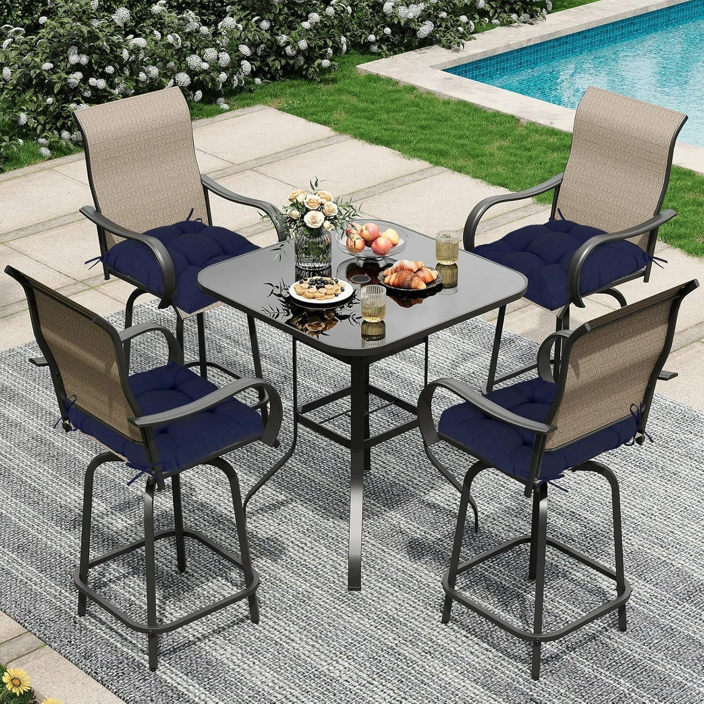 Aoodor 19" x 19" x 5" Tufted Outdoor Chair Cushions, Water Resistant & Fade Resistant Polyester Dining Chair Pads with 2 Straps for Patio Furniture, Set of 4