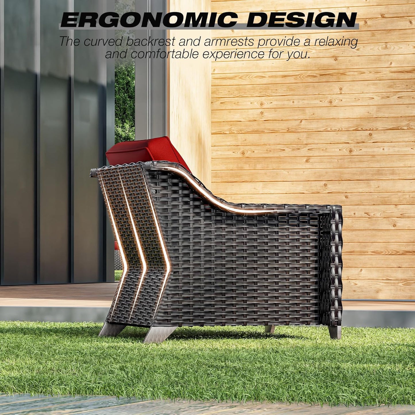Joyside Wicker Patio Furniture Sets, 5 Pieces Upgraded Large Size Outdoor Furniture with Patio Dining Chairs, 3-Seat Sofa and Outdoor Ottoman, Thick Cushions, Wide Armrest