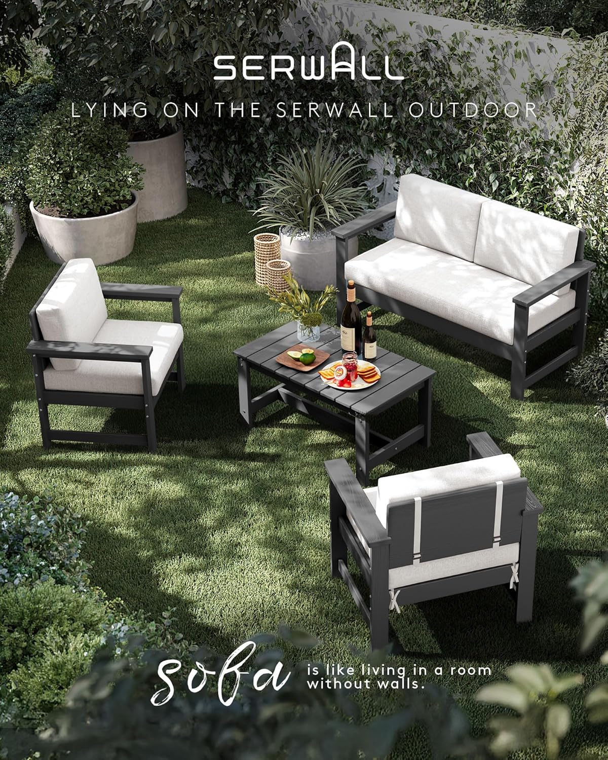 SERWALL Gray HDPE Outdoor Loveseat with Khaki Cushions, All Weather Use Outdoor Loveseat Sofa, Gray Frame with Khaki Cushions