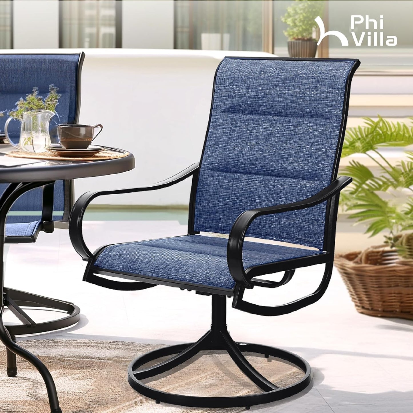 PHI VILLA Patio Swivel Dining Chairs Set of 4, All Weather Outdoor Chair with Padded Textilene & Black Metal Frame for Outdoor Lawn Garden Poolside (Blue)