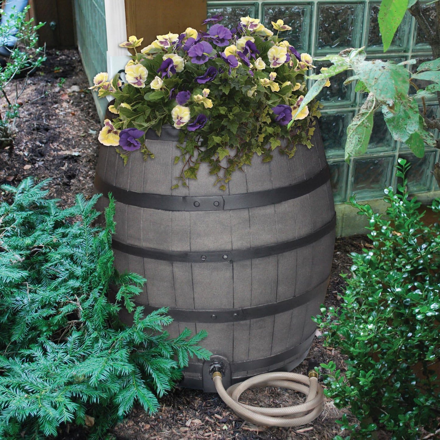 Rescue 50-Gallon Whiskey Rain Barrel with Black Bands – Includes Planter, Rain Water Diverter, Outlet Hose – Flatback Design – Gray