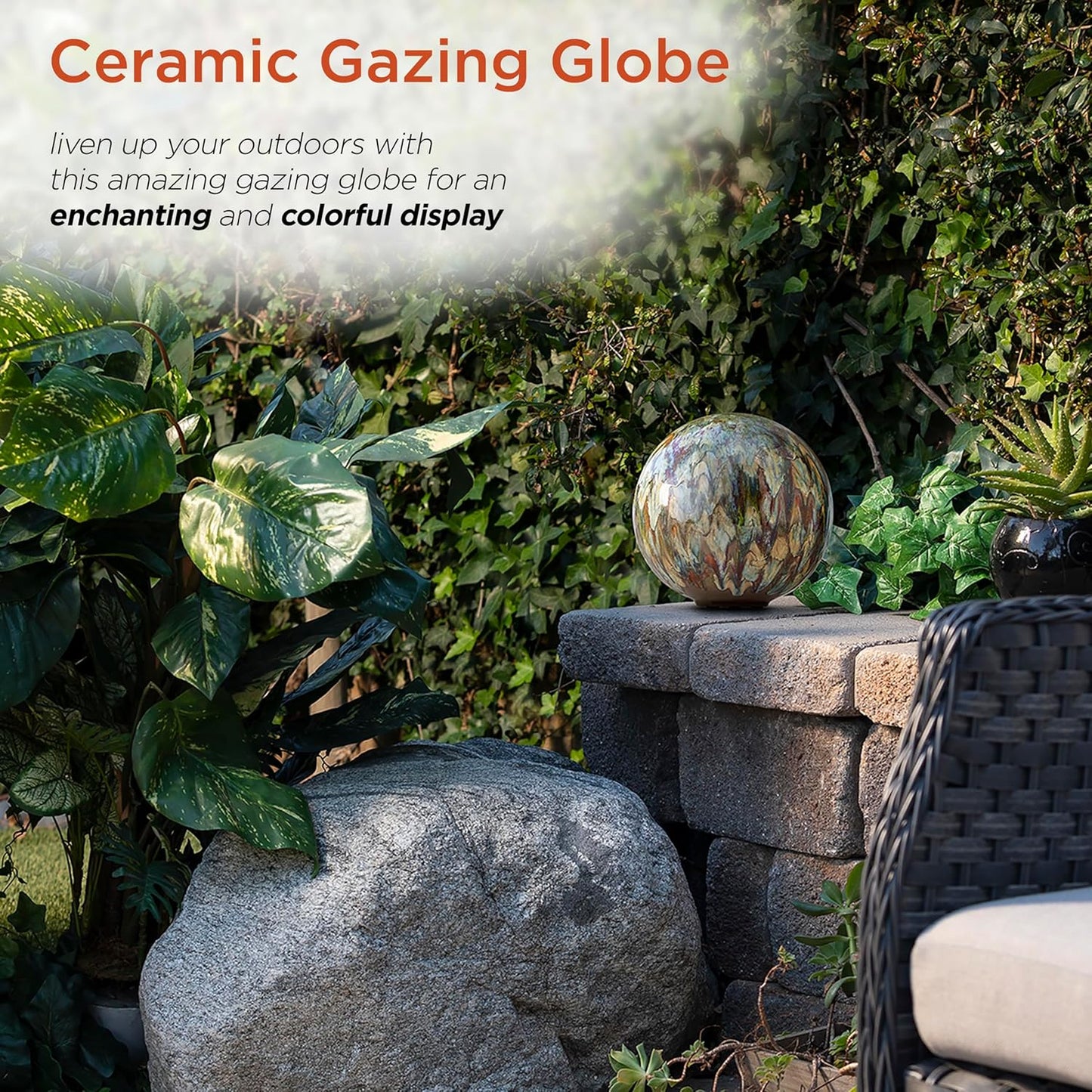Alpine Corporation 10" Tall Indoor/Outdoor Glazed Ceramic Gazing Globe Yard Decoration