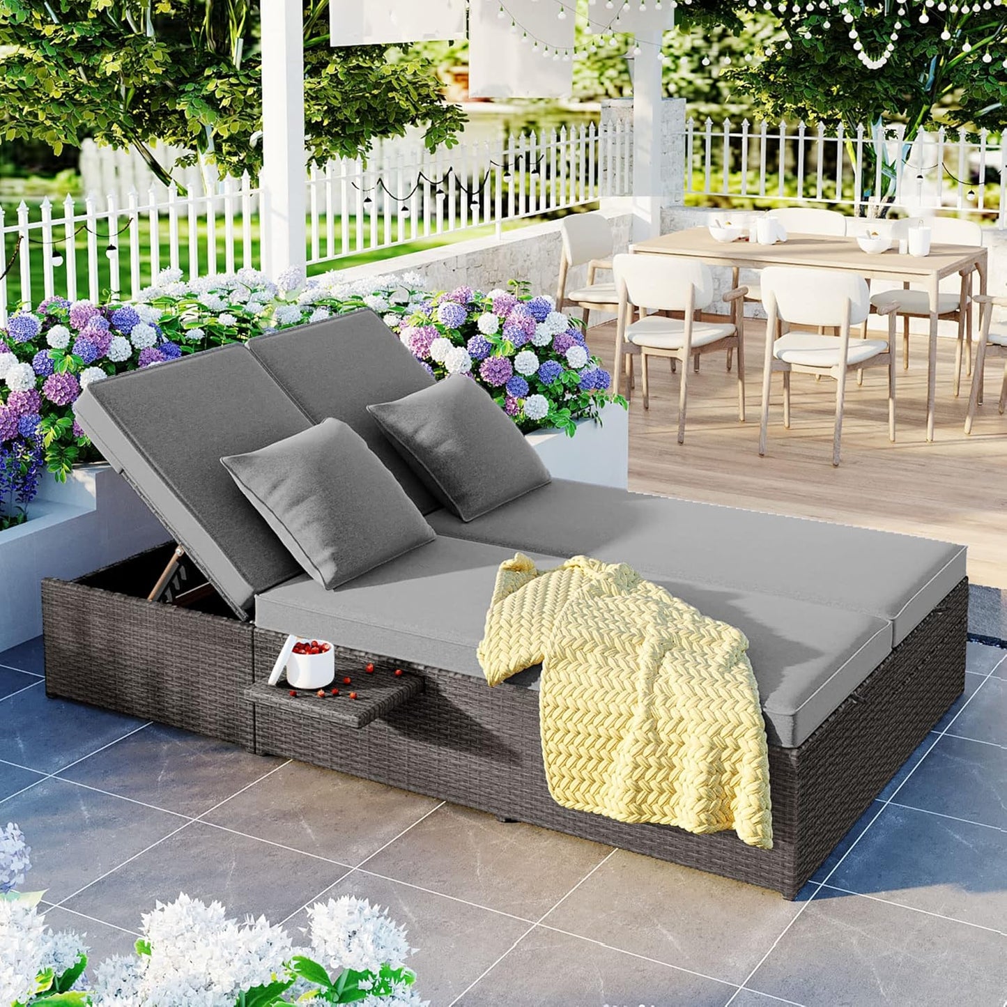 kevinplus Outdoor Daybed Patio Sunbed, Wicker Rattan Patio Reclining Chairs with Adjustable Backrest and Seat & Foldable Cupholder for Garden Poolside Balcony, Gray