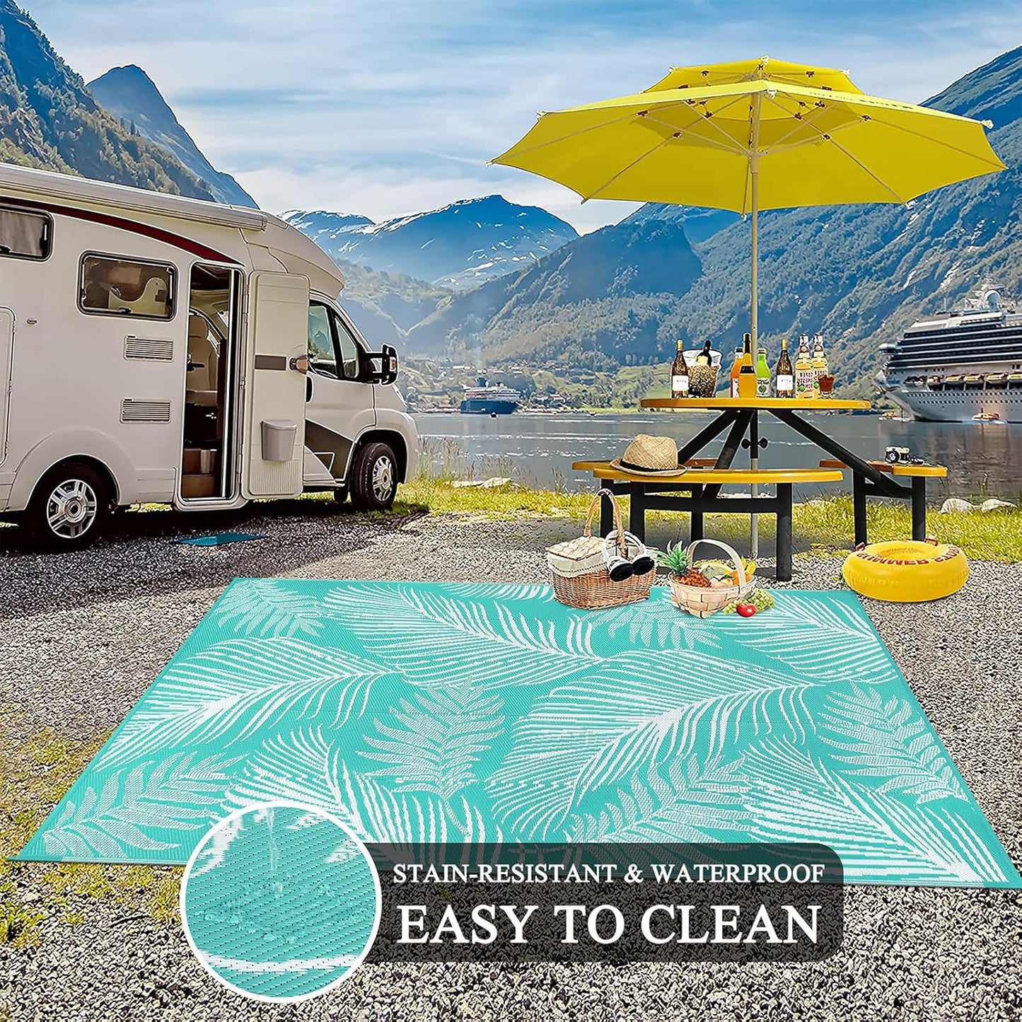 Pauwer Waterproof Outdoor Rug 8x10, Reversible Plastic Straw Patio Camping Rug, Indoor Outdoor RV Mat Carpet for Deck, Camper, Porch, Balcony, Backyard, Picnic, Leaf Light Blue