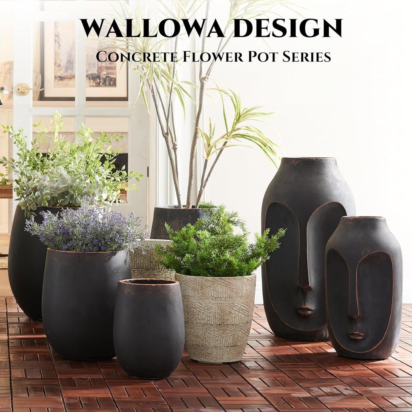 15.5" H Outdoor Concrete Planter, Round Flower Pot with Drainage Hole and Silicone Plug, Plant Container for Garden, Patio, Home, Office, Black, Copper Rim, 1 Pack