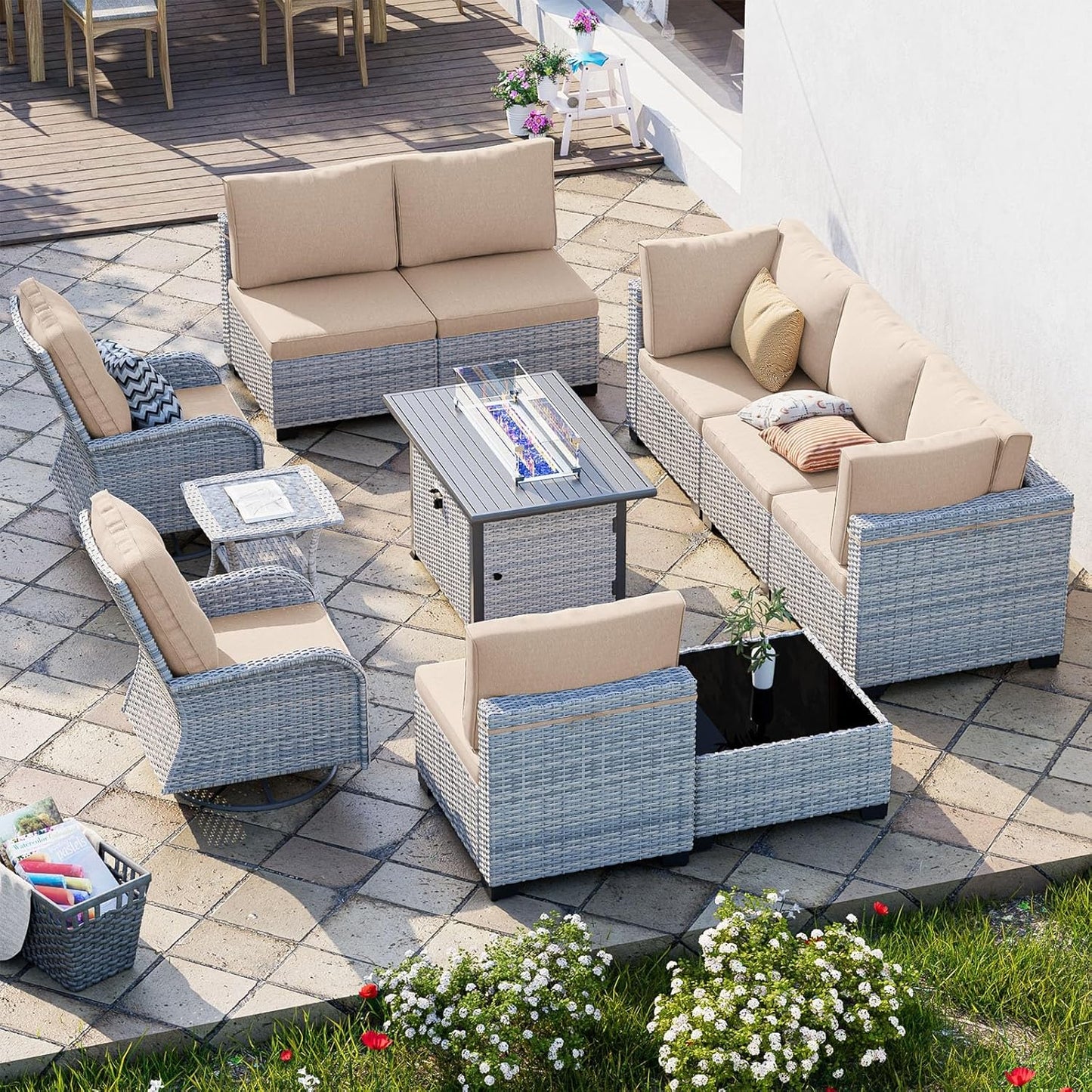 11-Piece Patio Furniture Set, Outdoor Patio Furniture with 55,000 BTU Fire Pit Table, Swivel Chairs Set, Thick Cushions, Modular Patio Sofa, Dual-Strand Wicker Rattan, Rust-Resistant Frame, Sand