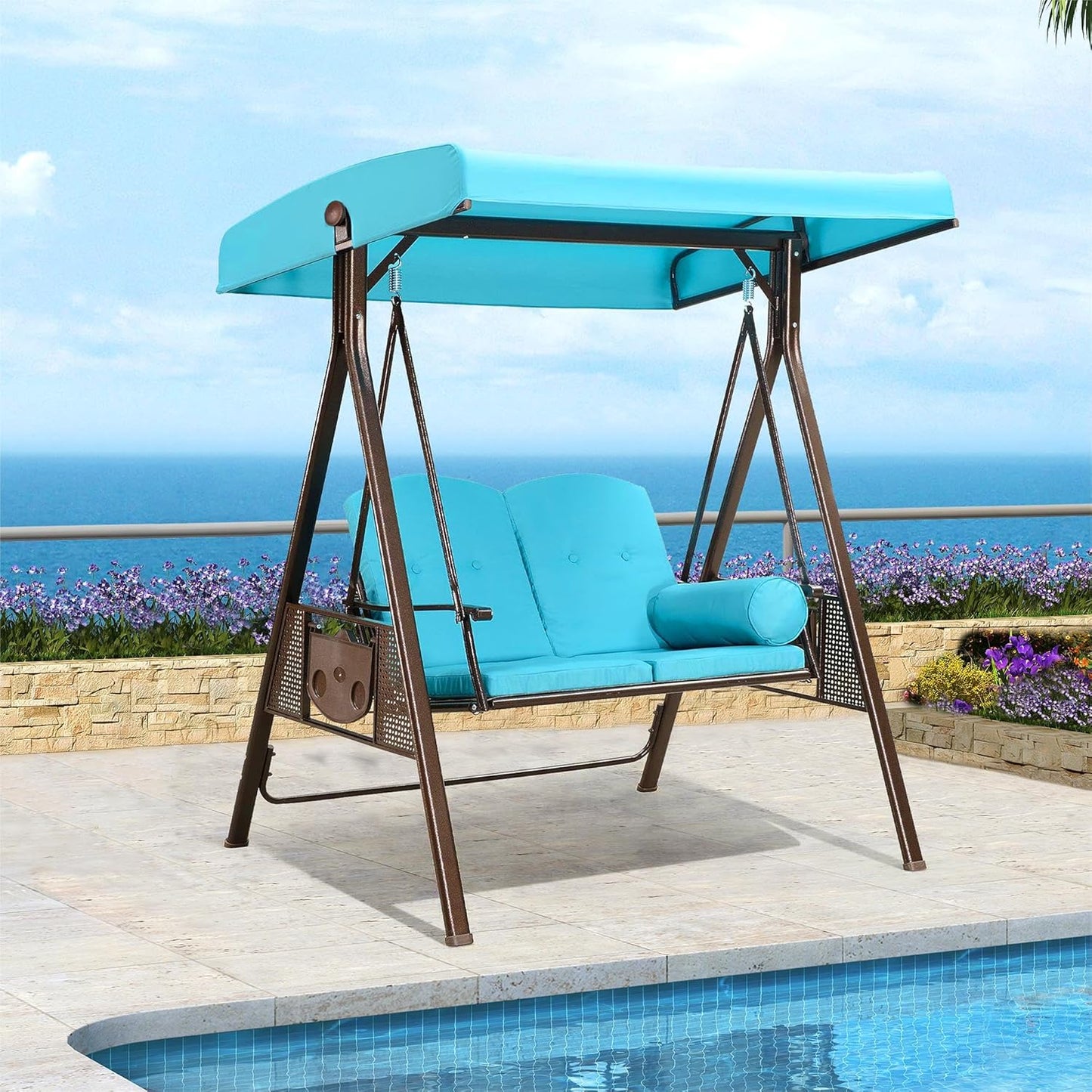 PURPLE LEAF 2-Seat Deluxe Outdoor Patio Porch Swing with Weather Resistant Steel Frame, Adjustable Tilt Canopy, Cushions and Pillow Included, Turquoise Blue
