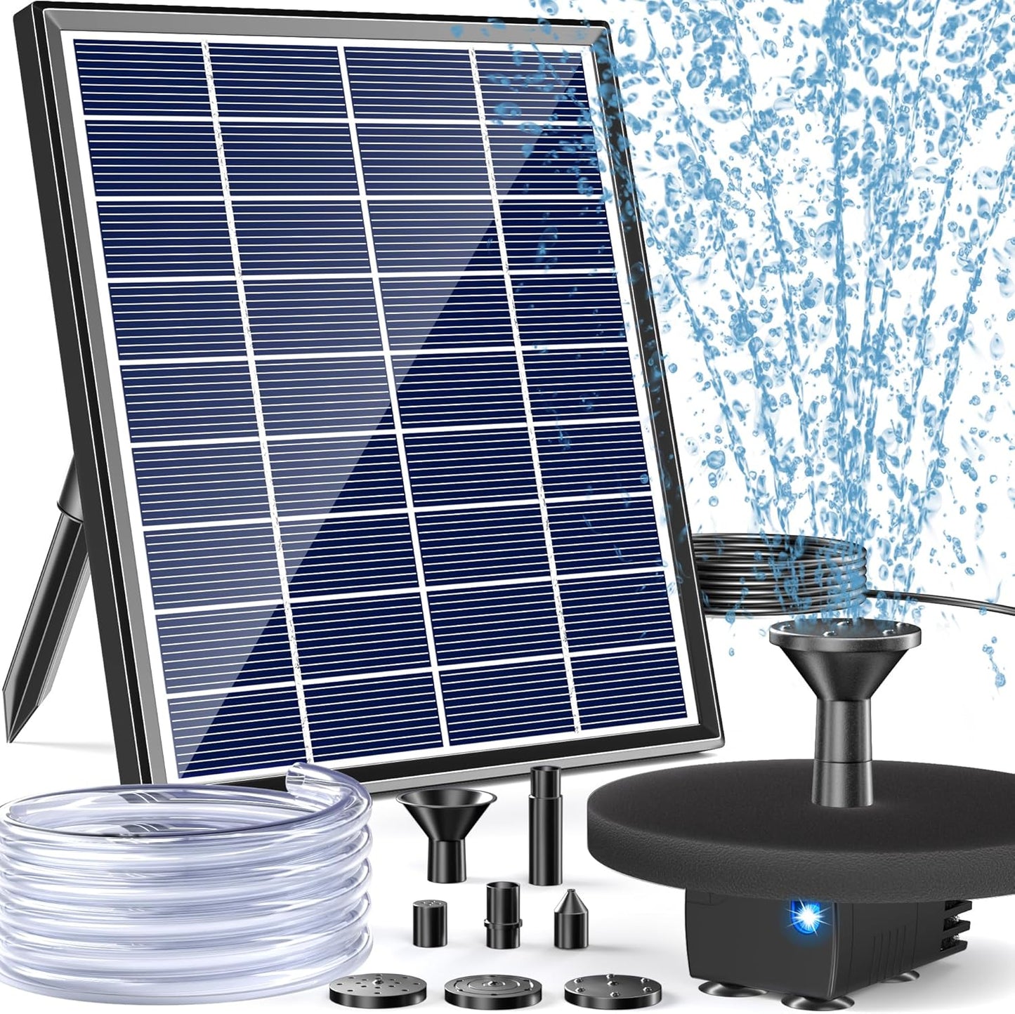 POPOSOAP Modern Black Solar Bird Bath Fountain Pump, 6W, 60GPH, 5 Nozzles, 9.84ft Cable, 4ft Tubing