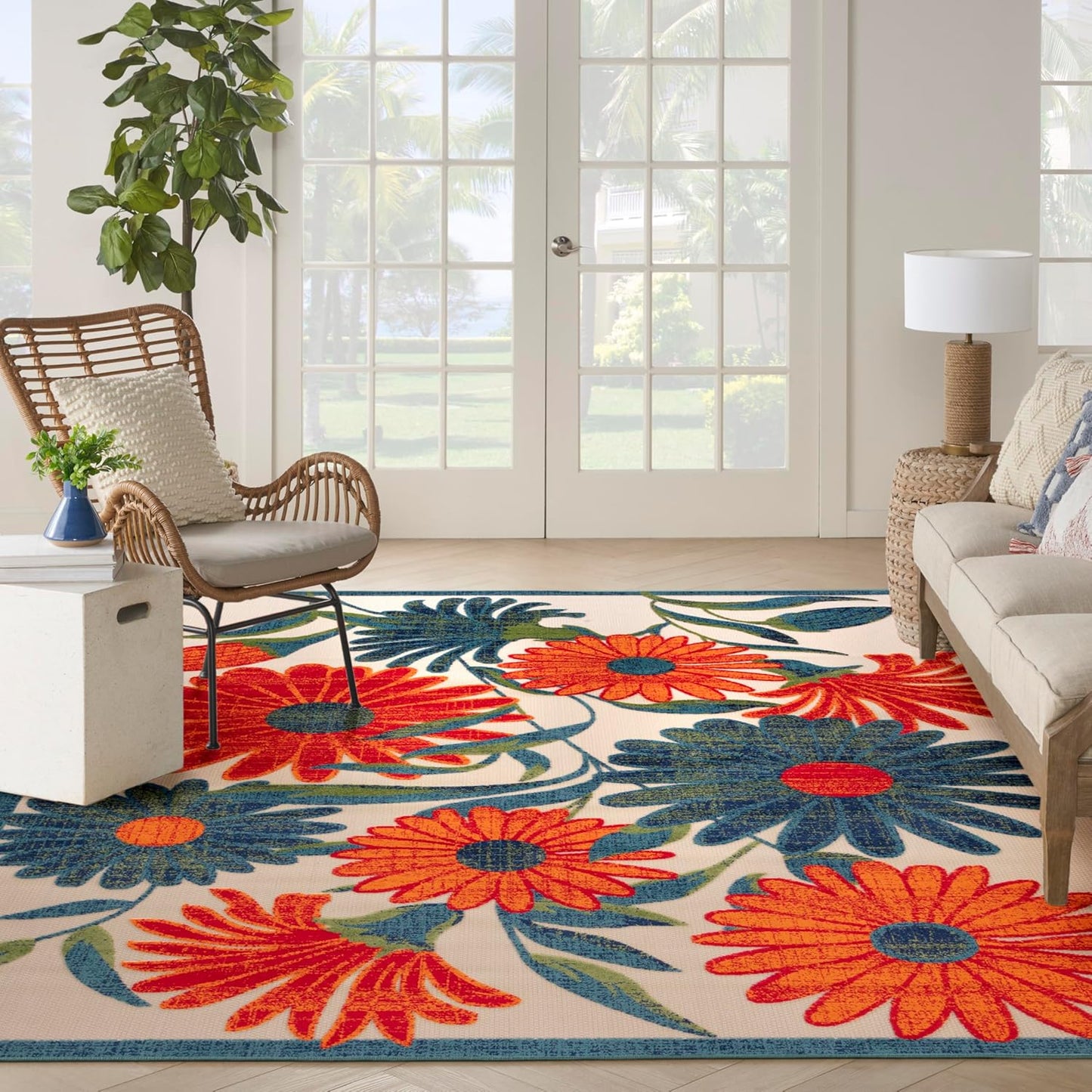 Nourison Home Aloha Indoor/Outdoor Ivory Multicolor 9' x 12' Area Rug, Easy Cleaning, Non-Shedding, Bed Room, Living Room, Dining Room, Backyard, Deck, Patio (9x12)