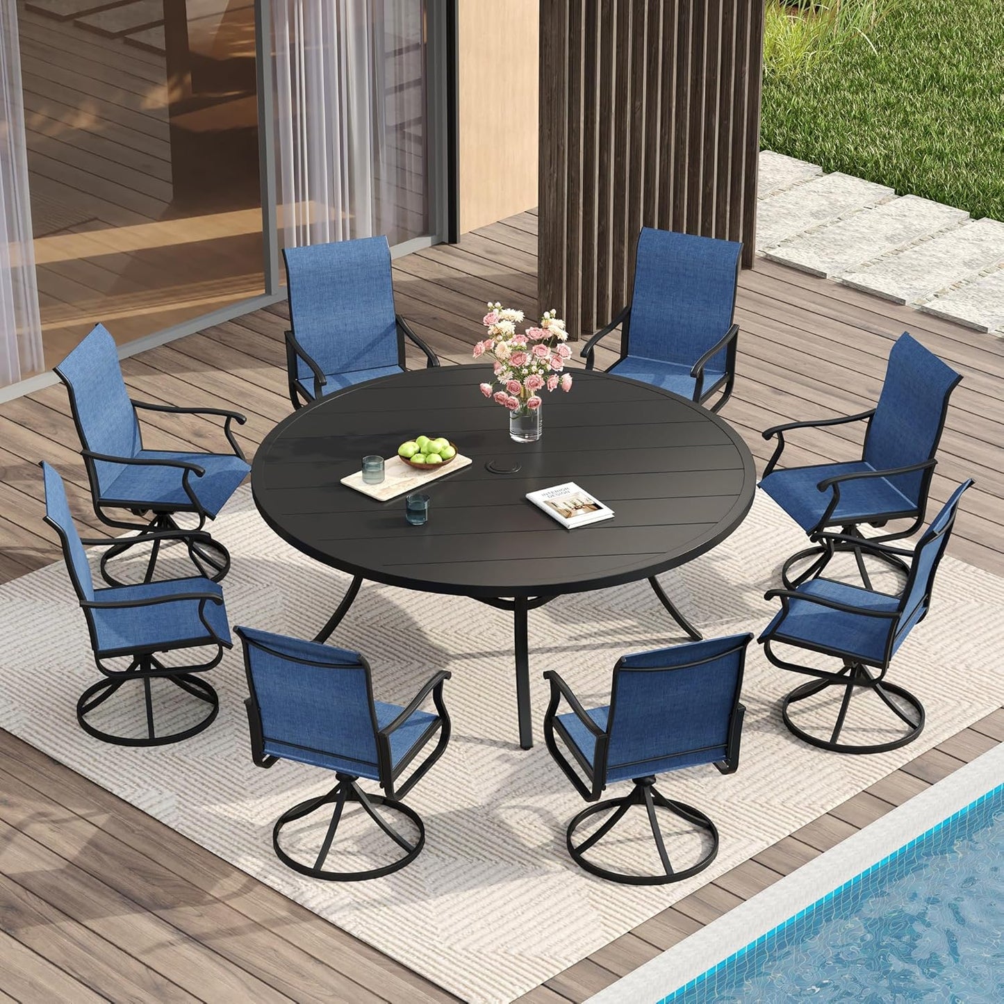 VICLLAX 60" Outdoor Round Patio Table for Lawn Garden, All Weather Metal Round Patio Dining Table with Adjustable Umbrella Hole, Outdoor Table for 8-10 Person, Black Tabletop