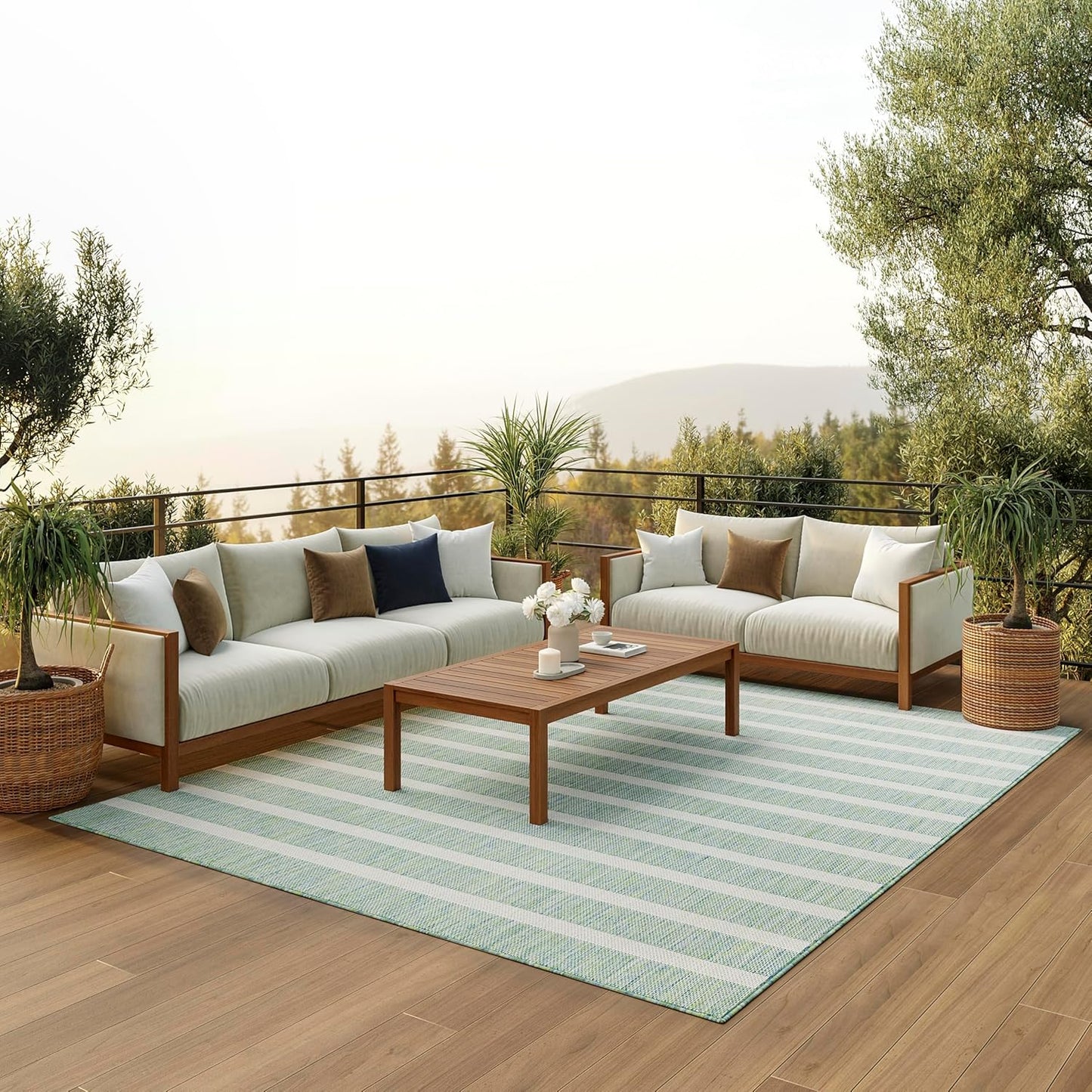 Nourison Home Positano Indoor/Outdoor Blue Green Ivory 7' x 10' Area Rug, Easy Cleaning, Non Shedding, Bed Room, Living Room, Dining Room, Deck, Backyard, Patio (7x10)