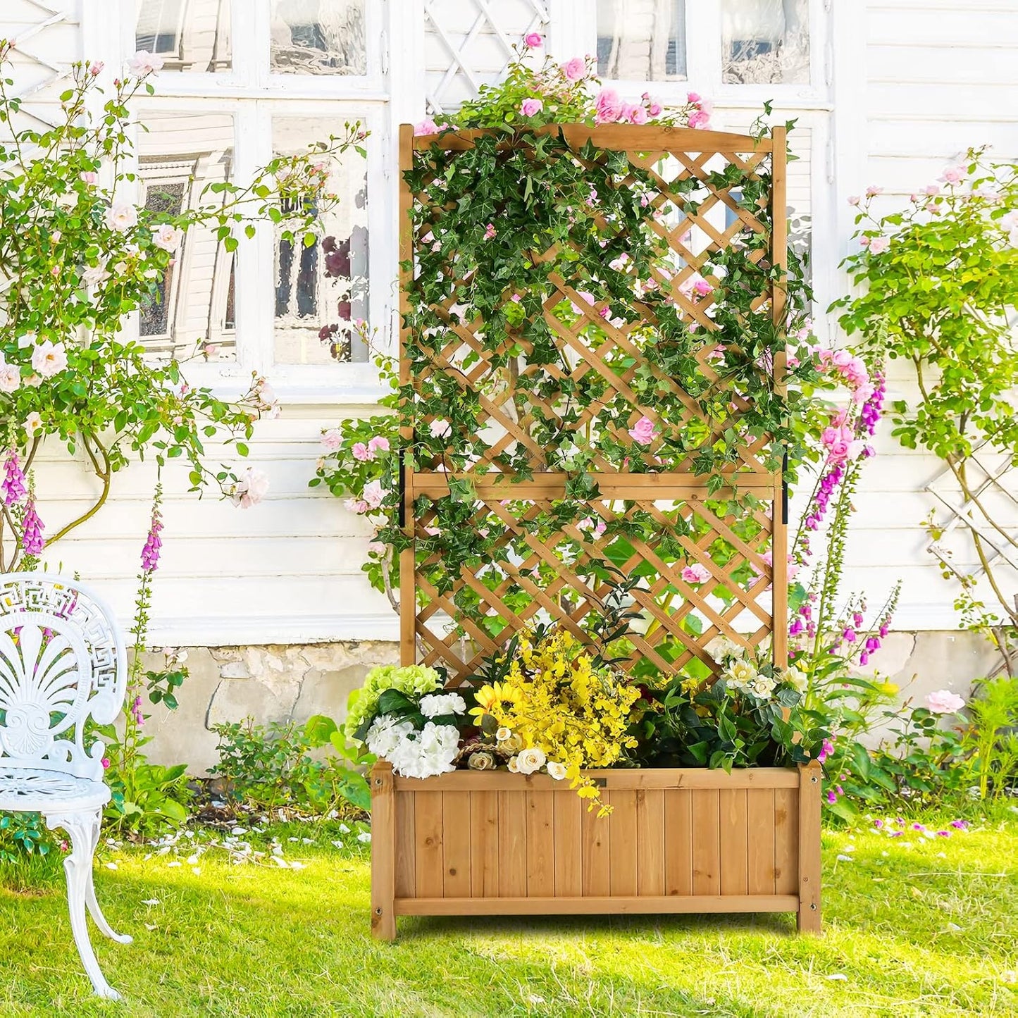 HAPPYGRILL Raised Garden Bed with Trellis, 71" Planter Raised Bed with Drainage Holes, Freestanding Garden Planter for Vine Climbing Plants, Wooden Planter Box for Yard Balcony(1, Yellow)