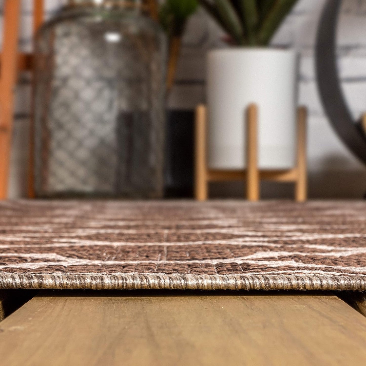 Eyely BMS109B-3SQ Santa Monica Trebol Moroccan Trellis Textured Weave, Pet Friendly, Non-Shedding, Stain Resistant, Easy-Cleaning, Espresso/Taupe, 3' Square, Indoor/Outdoor, Area Rug
