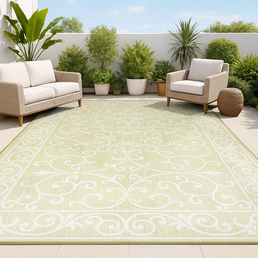 JONATHAN Y SMB106H-3 Charleston Vintage Filigree Textured Weave Indoor Outdoor Area Rug, Coastal,Traditional,Transitional Easy Clean,Bedroom,Kitchen,Backyard,Patio, Non-Shed, Green/Cream, 3 X 5